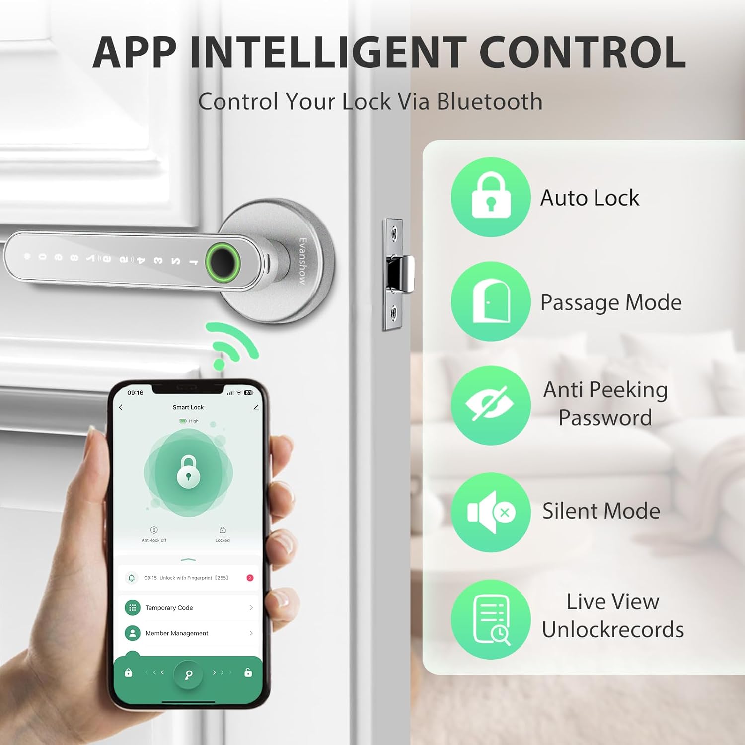 Smart Door Lock with Knob, Keyless Entry Door Locks with Handle, Fingerprint Door Knob for Bedroom/Front Door/Apartment,Generate Passcode Remotely Silver - Image 6