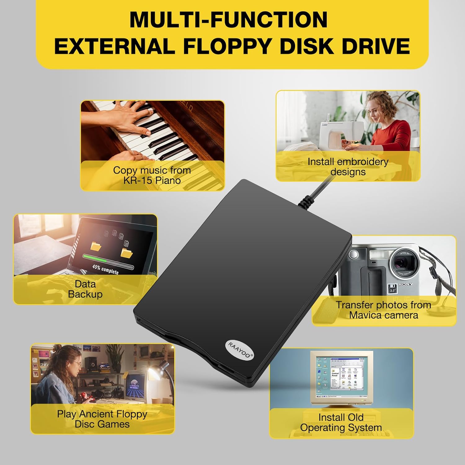 Floppy Disk Reader, External USB 2.0 & Type C Floppy Disc Reader, Portable 3.5 inch 1.44 MB Floppy Disk Drive for PC Laptop and Desktop with Windows 11/10/8/7/XP, Not Compatible with Mac and Chrome - Image 3