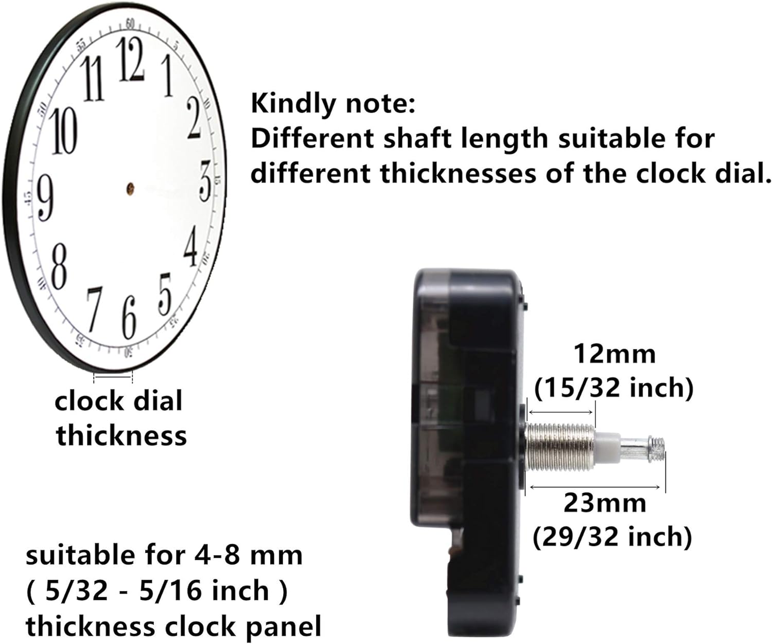 TIKROUND Quartz DIY Wall Clock Movement Mechanisms Battery Powered DIY Repair Parts Replacement with 4 Sets Hands,3/10 Inch Maximum Dial Thickness,29/32 Inch Total Shaft Length. - Image 3