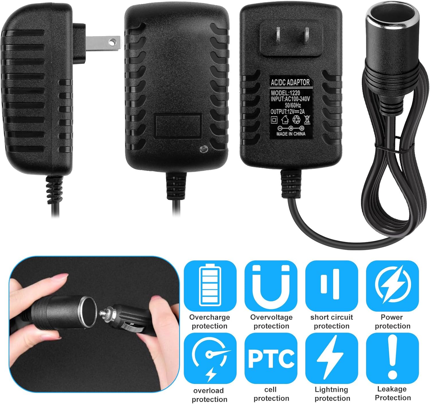 Herfair AC to DC Converter 2A 24W Car Cigarette Lighter Socket Adapter Power Cable 110-240V to 12V AC/DC for Automobile Home Use Car to Wall Plug( Only for Device Under 24W) (Pack of 1) - Image 2