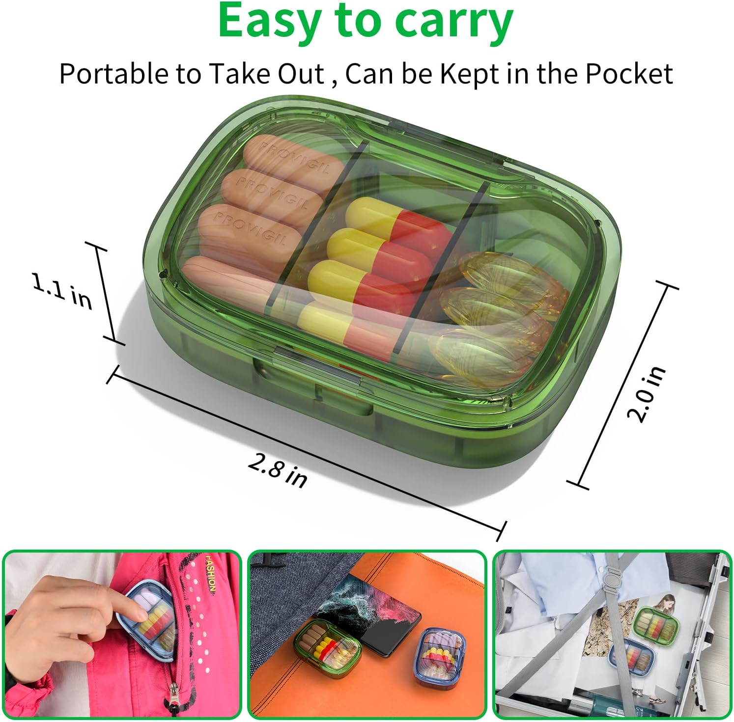 2 Pack 3 Compartment Small Pill Box, Moisture Proof Case, Travel Organizer for Pocket Purse, Daily Portable Medicine Vitamin Container, Fish Oil and Supplement Storage - Image 2