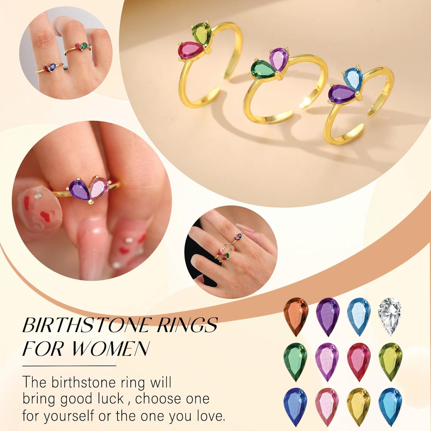 Birthstone Rings for Women, Non Tarnish Gold Rings 2026 Graduation Gifts Birthday Gift Trendy Teen Girl Stuff Dainty 14K Plated Adjustable CZ Stacking Promise Ring Anniversary Jewelry for Friend Sister Girlfriend Daughter - Image 3