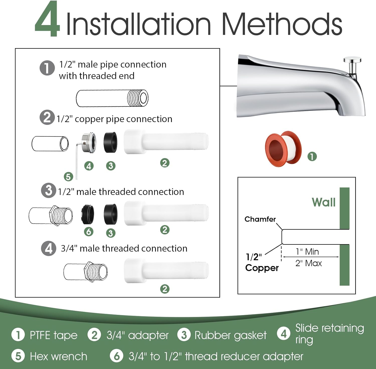 Bathtub Faucet Replacement with Diverter,Easy to Install Tub Spout for 1/2" Copper Pipe,1/2" IPS and 3/4" IPS with Install Tool - Image 2