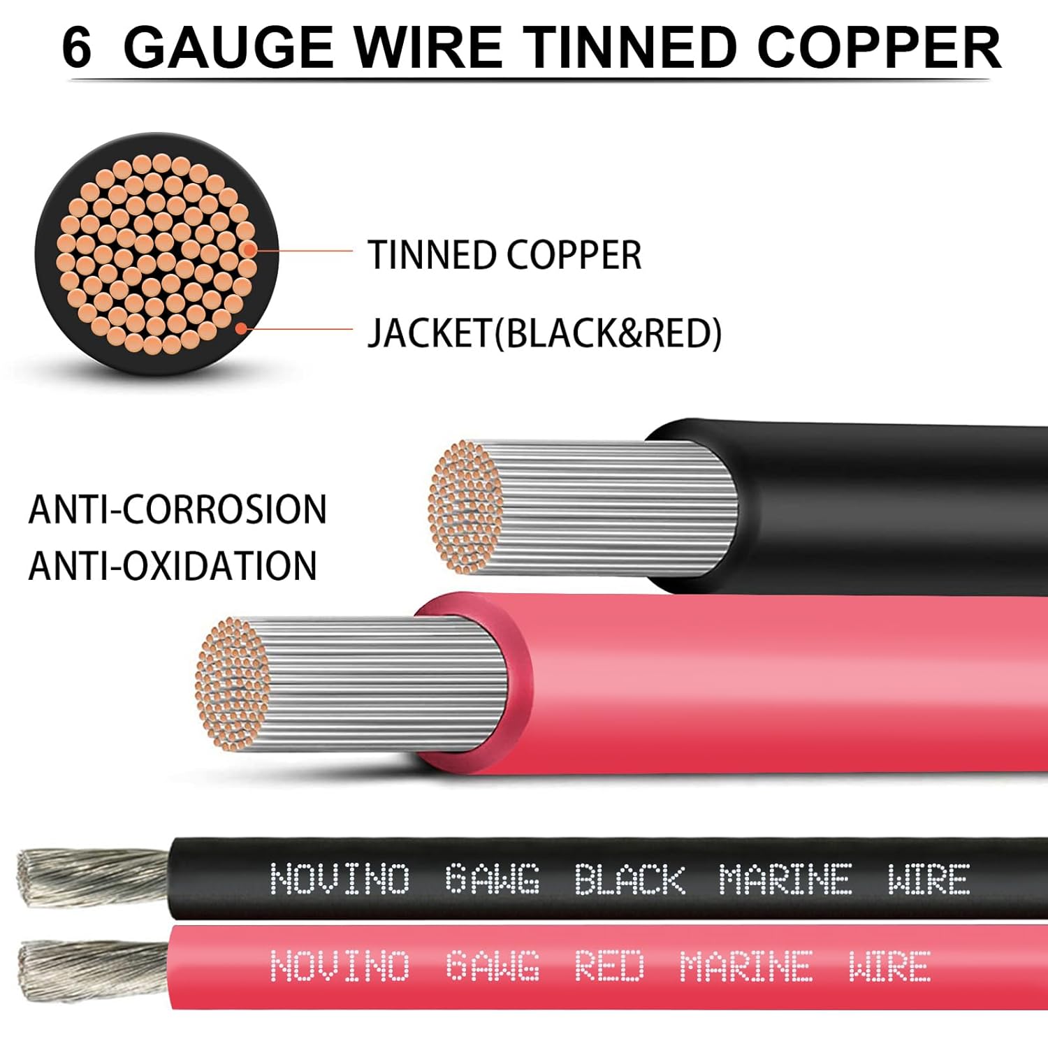 6 Gauge Marine Wire Include 6 AWG 15FT Red & 15FT Black,6 Gauge Marine Grade Wire Tinned Copper Oxygen-Free Boat Electrical Cable for Automotive/RV/Camper/Trailer Outdoor Use - Image 2