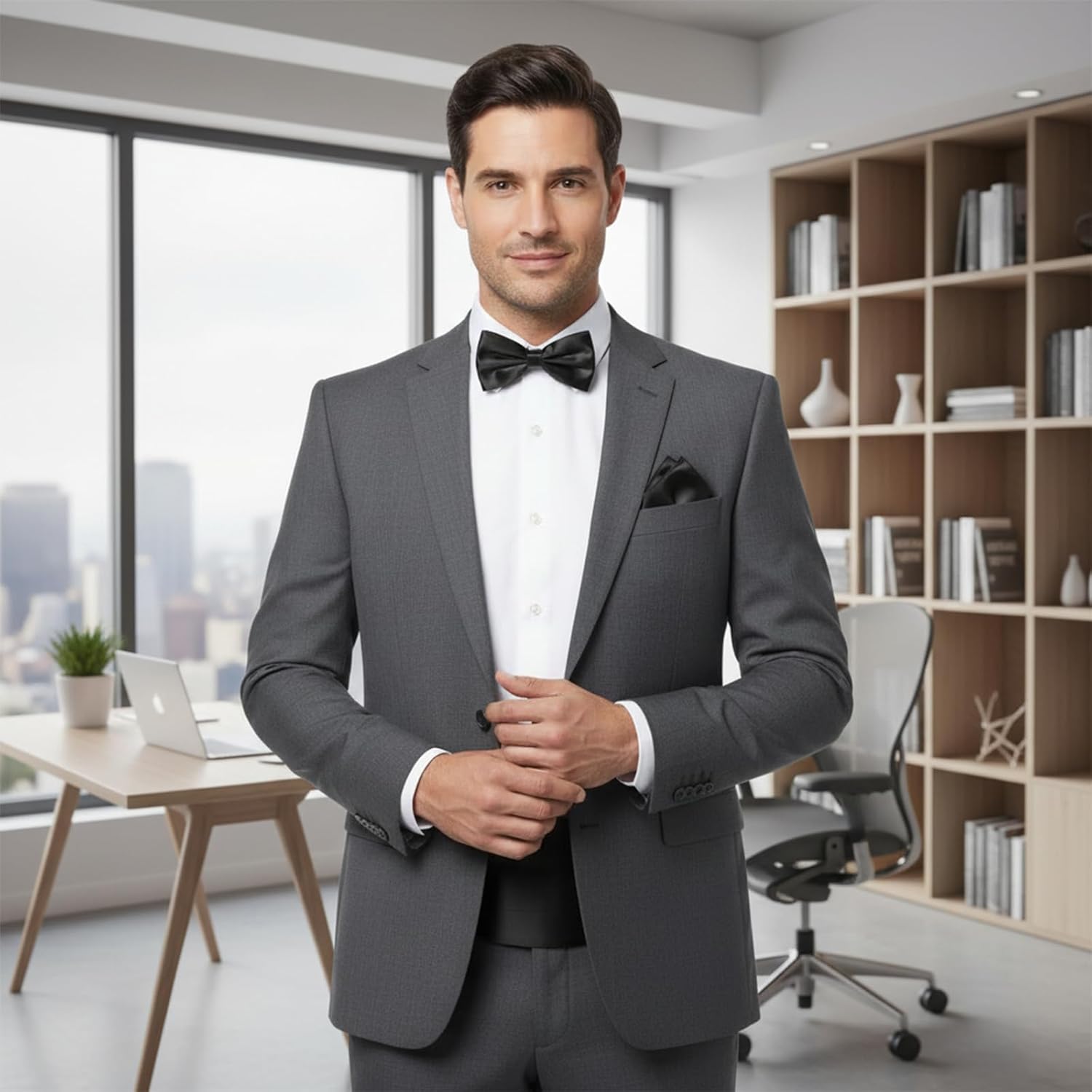 Cumberbund and Bow Tie Set, Solid Color Cummerbund for Men with Adjustable Band Bow Tie and Pocket Squares Men's Cummerbunds for Tuxedo Special Occassions Bar Party Wedding (Black) - Image 6