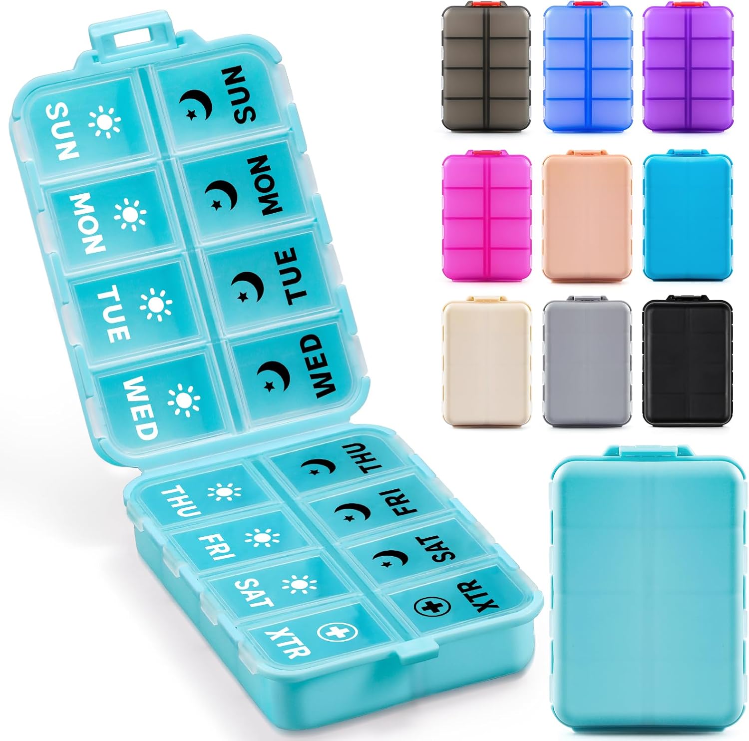 Foldable Weekly Pill Organizer 2 Times a Day with 2 Extra Compartments (Clear Printed Labels) - Portable 7 Day AM PM Medicine Box, Week Daily Travel Pill Case Holder for Vitamin, Supplement - Sky Blue - Image 9