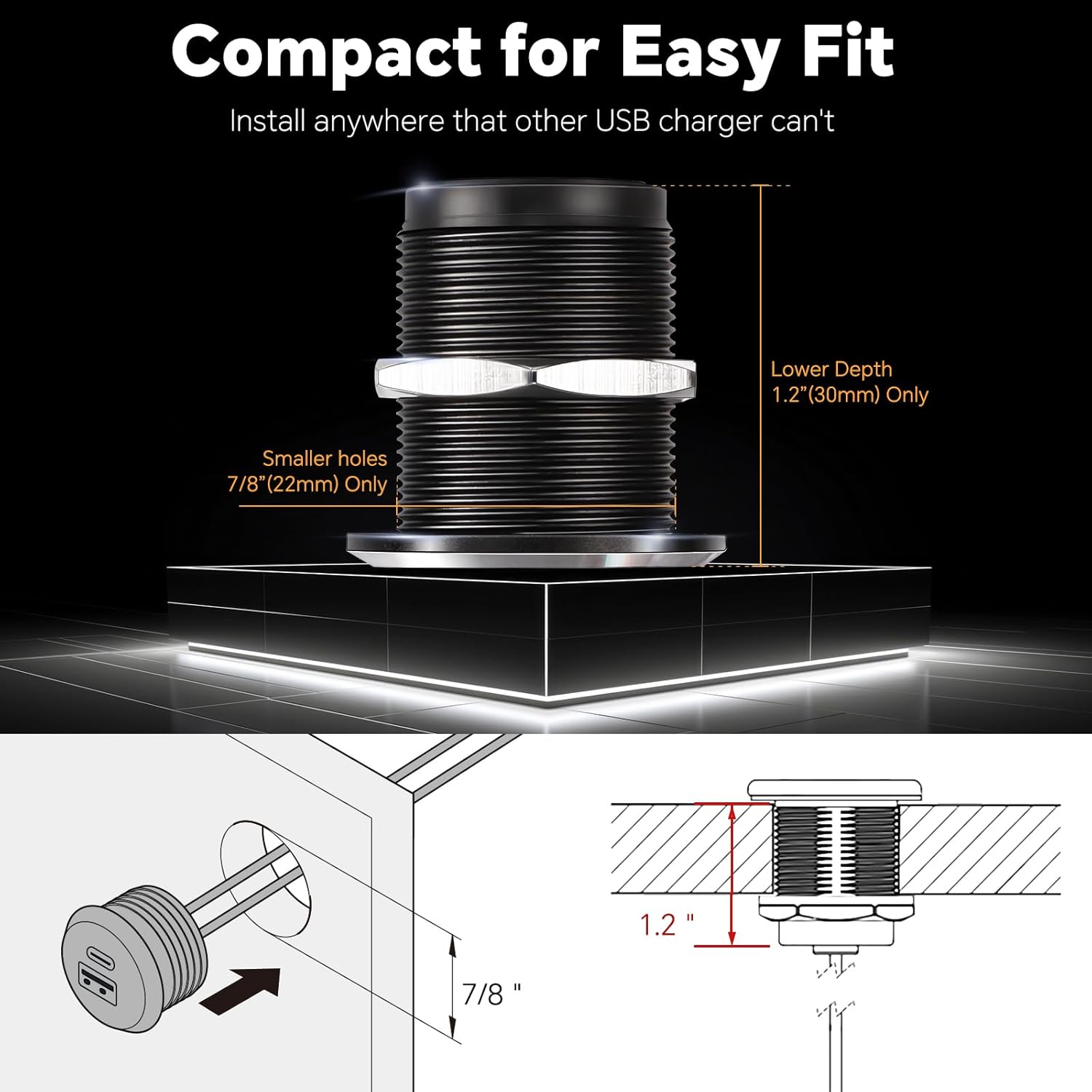 12V USB Outlet All-Aluminum QC 3.0 USB-A & USB-C PD3.0 Dual Fast Car Charger Socket, Recessed Mount Car USB Port for Car Truck Boat RV Camper Van Trailer (Small Version) - Image 7