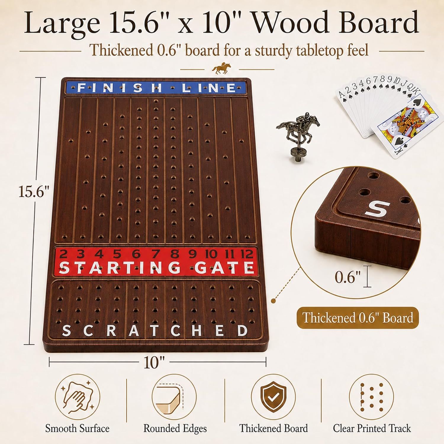 Jyquorp Horse Race Board Game Wooden Kentucky Derby Party Game Set with 11 Metal Horses, 2 Dice & 2 Card Decks, Large Solid Wood Horse Racing Board Game for Family & Adults (15.6" x 10") - Image 3