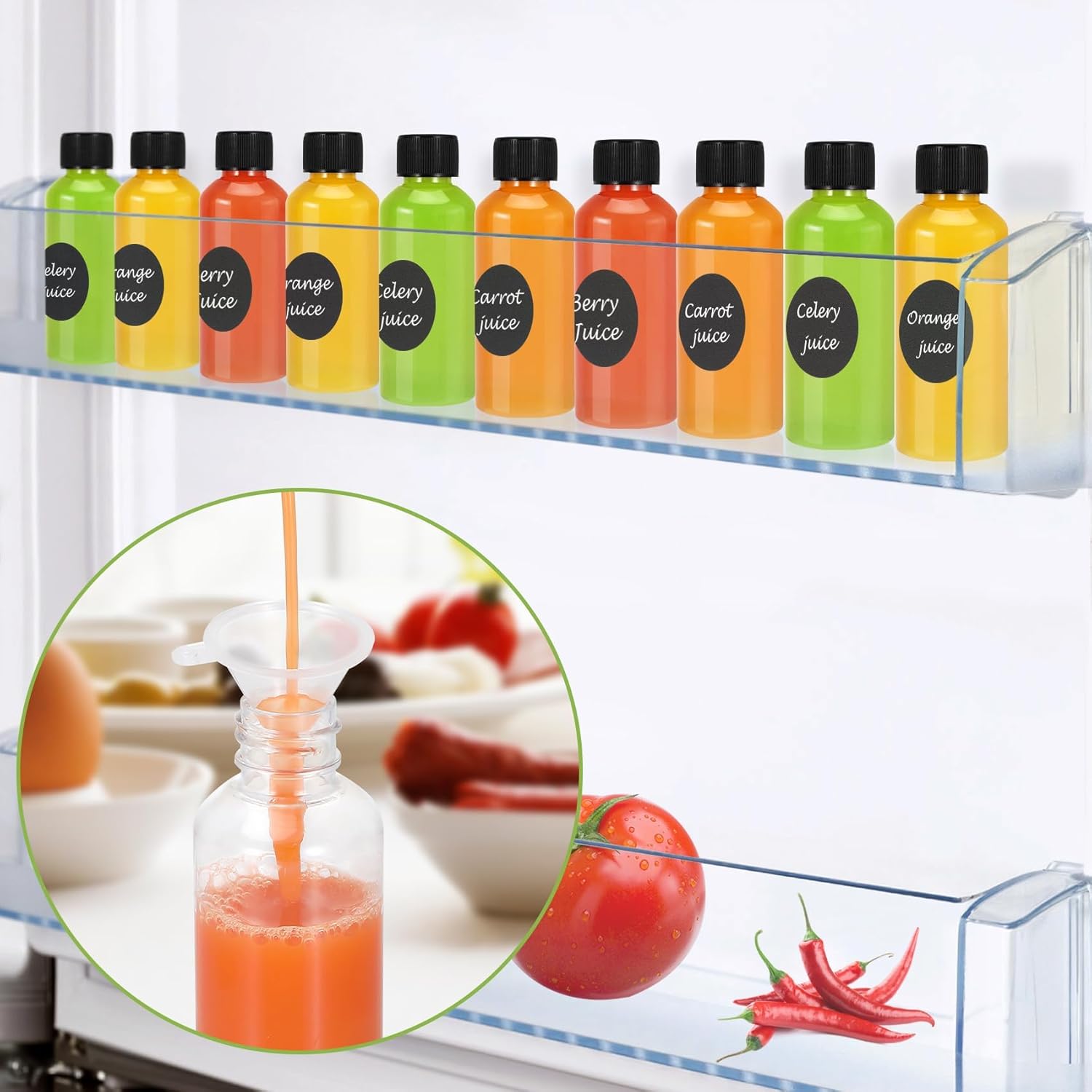 16 Pack 2 oz Shot Bottles with Caps, Mini Reusable Plastic Ginger Shots Bottle Leakproof Juice Shot Bottles with Lids for Juice, Oil and Liquid Samples, Small Containers for DIY, Travel - Image 7