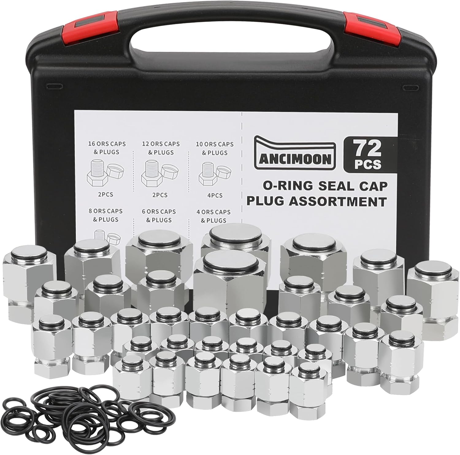 72PCS ORFS Flat Face Seal Cap and Plug Kit, Hydraulic Flat Face Fittings For Hose, 36PCS O-Ring Replacement