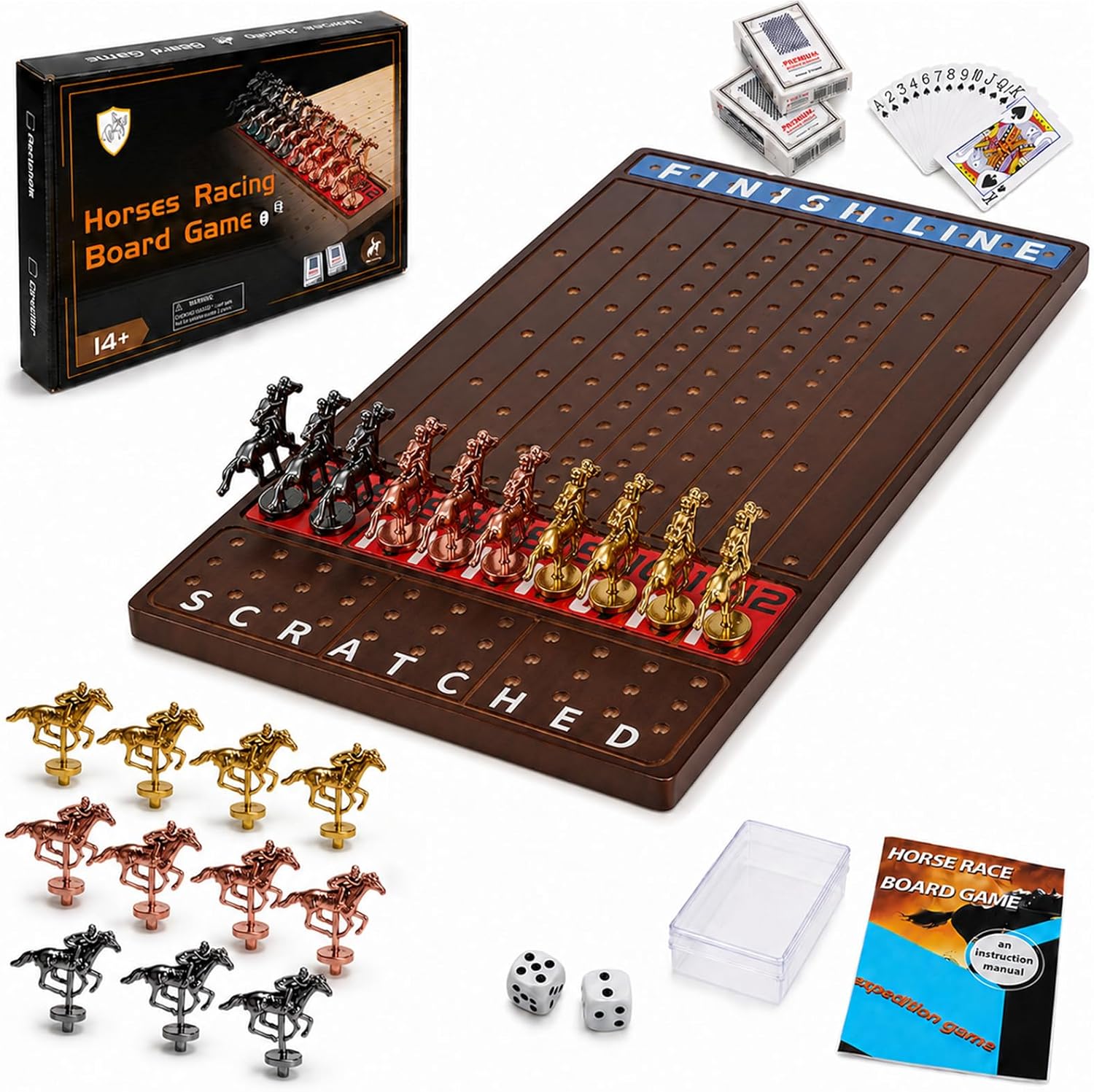 Jyquorp Horse Race Board Game Wooden Kentucky Derby Party Game Set with 11 Metal Horses, 2 Dice & 2 Card Decks, Large Solid Wood Horse Racing Board Game for Family & Adults (15.6" x 10")