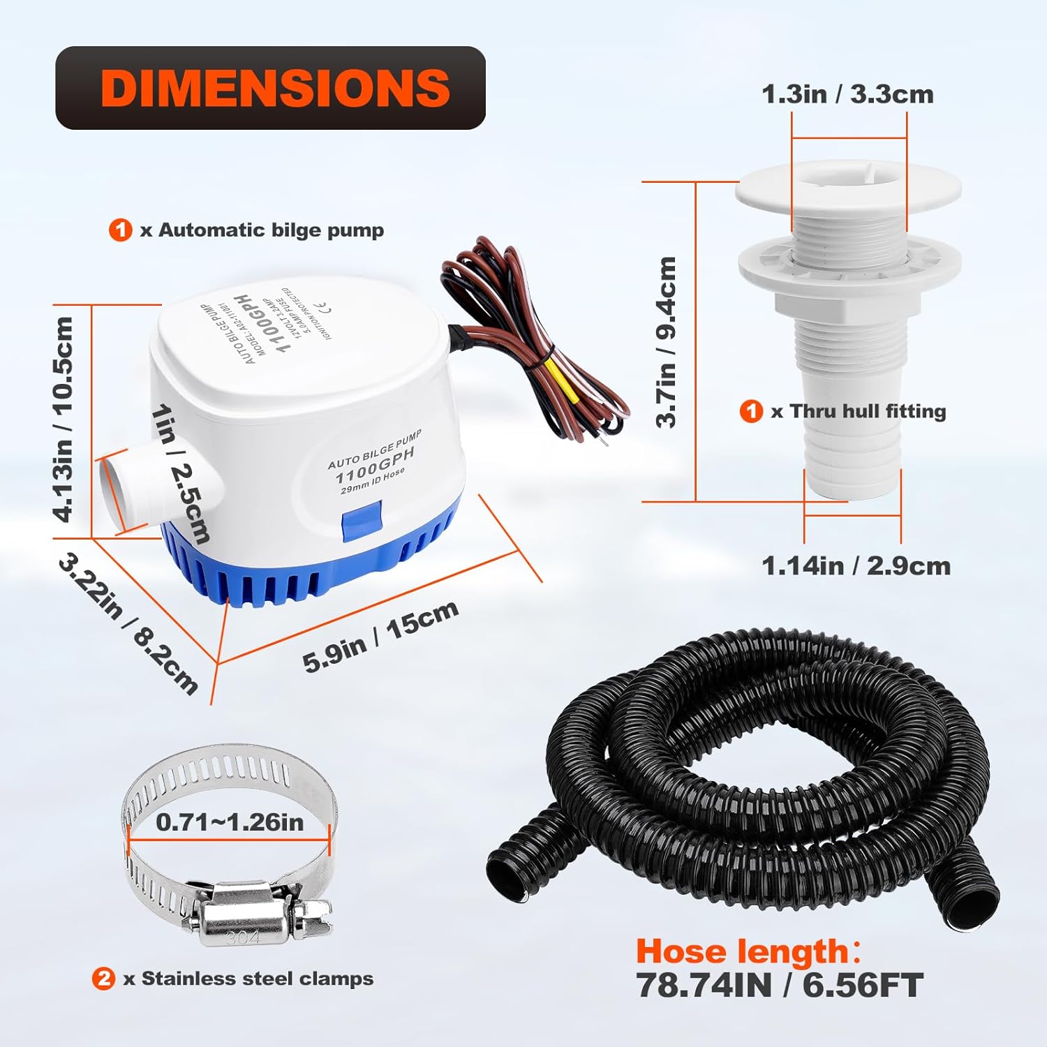 1100 GPH Automatic Boat Bilge Water Pump 12V, 1-1/8 Inch Dia Bilge Pump Plumbing Kit with 6FT Hose, 2 Clamps, Thru-Hull Fitting, Ideal for Fishing Boats, Cruisers, Runabouts, Yachts - Image 2