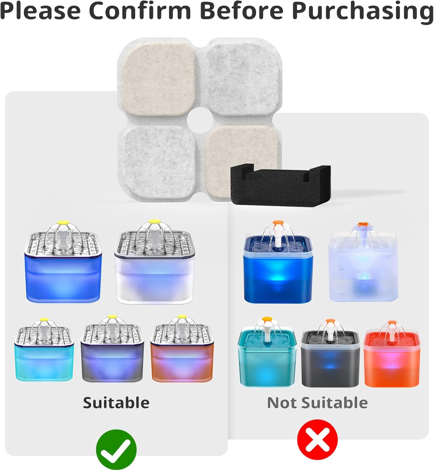 Cat Pet Water Fountain Filters, 6 Pack Replacement Filters Fit for 101oz/3L Crystal Cat Fountain, Triple Filtration System (6 Filters+6 Sponges) - Image 2