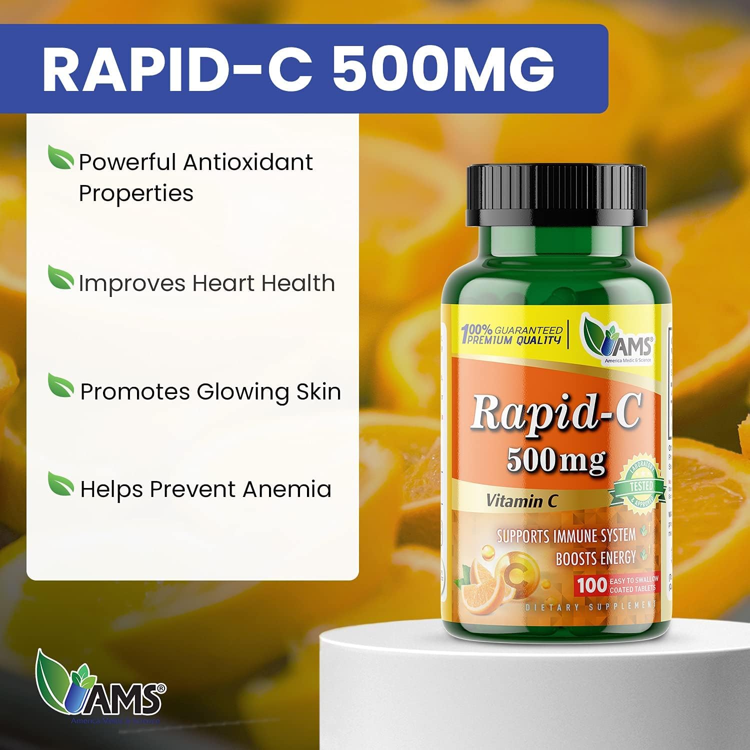 America Medic & Science Rapid-C 500mg Vitamin C Supplement 500 Tablets (5 Pack of 100 Tablets) Daily Immune System Support, Antioxidant | Vegan, Non-GMO Coated Ascorbic Acid for Adult Men & Women - Image 2