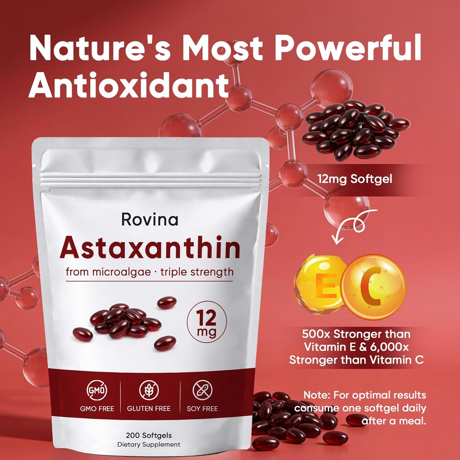 Rovina Astaxanthin 12mg Softgels, Zions Organic astaxanthin Antioxidant Supplement for Daily Wellness, Immune, Eye & Skin Support, Internal Circulation, Non-GMO, Gluten Free - 200 Softgels (1) - Image 7