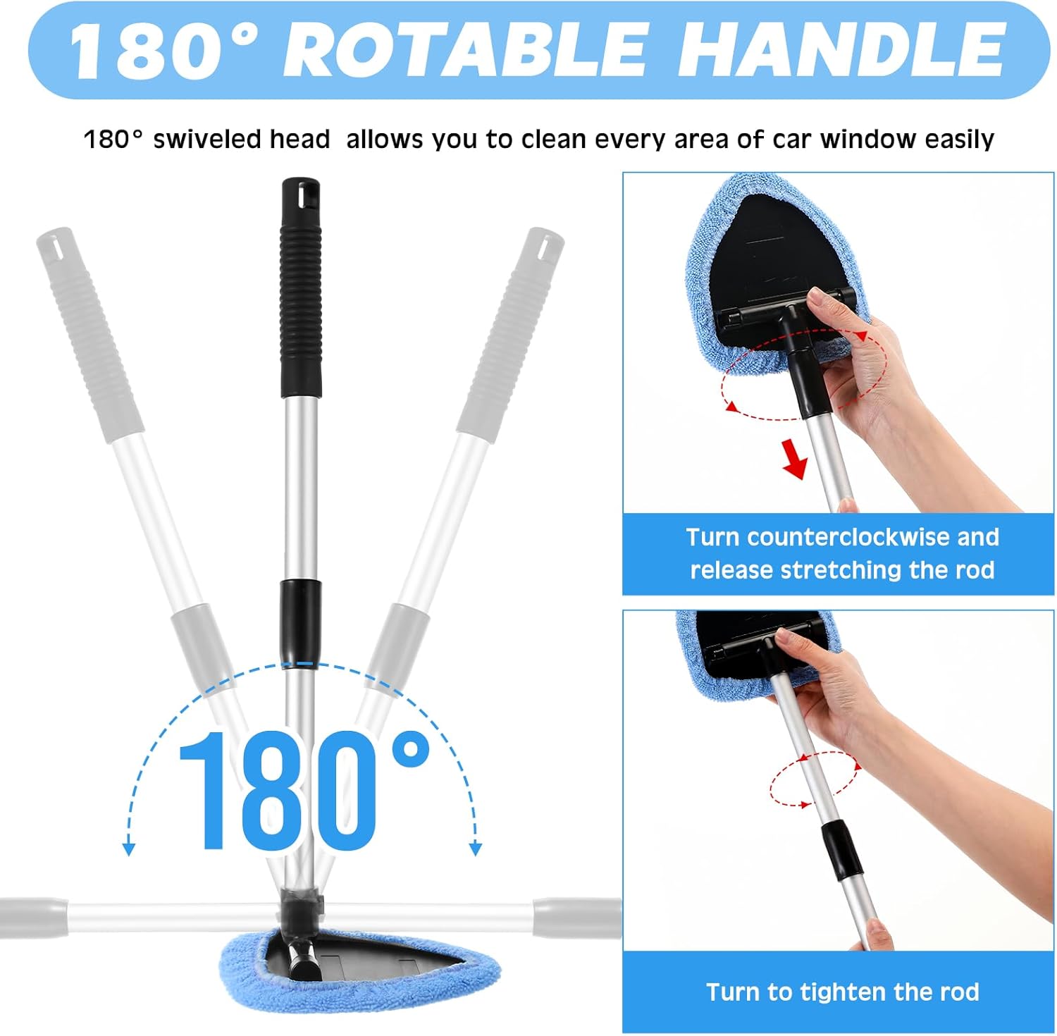 Baderke 10 Pcs Windshield Cleaner Tool Car Window Cleaning Supplies with Extendable Handle Include 6 Washable Microfiber Bonnets 2 Empty 60ml Spray Bottle Glass Wiper Kit(Light Blue) - Image 3