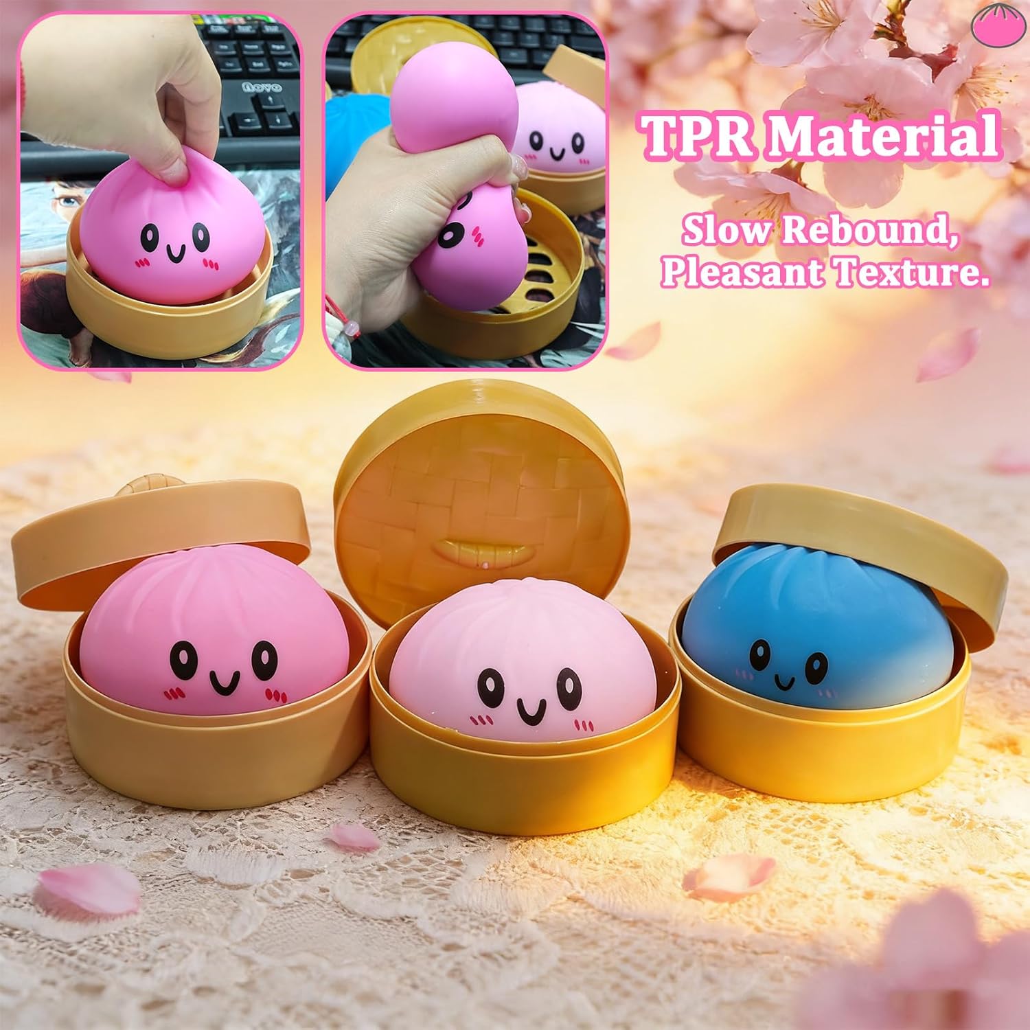 Dumpling Squishy Toy, Dumpling Squishy Mystery Box, Colorful Dumplings Stress Balls Fidget Sensory Toy, Squeeze Dough Ball Stress Relief Hand Toys with Food Steamer Stretchy Desk Toys (Pink) - Image 3