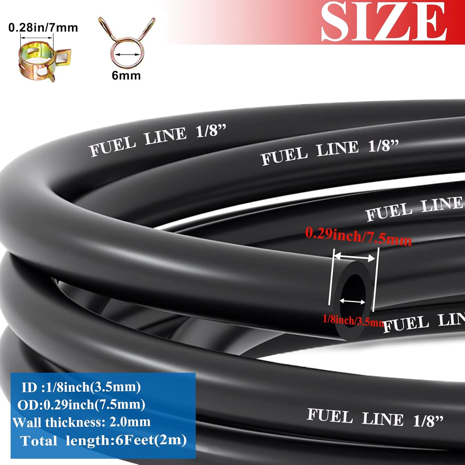 6 Feet 1/8 Inch ID Fuel Line with 20Pcs Hose Clamps for Kawasaki Kohler Lawn Mowers Tractors Small Engines Mini Bike ATV Golf Cart Motorcycle - Image 2