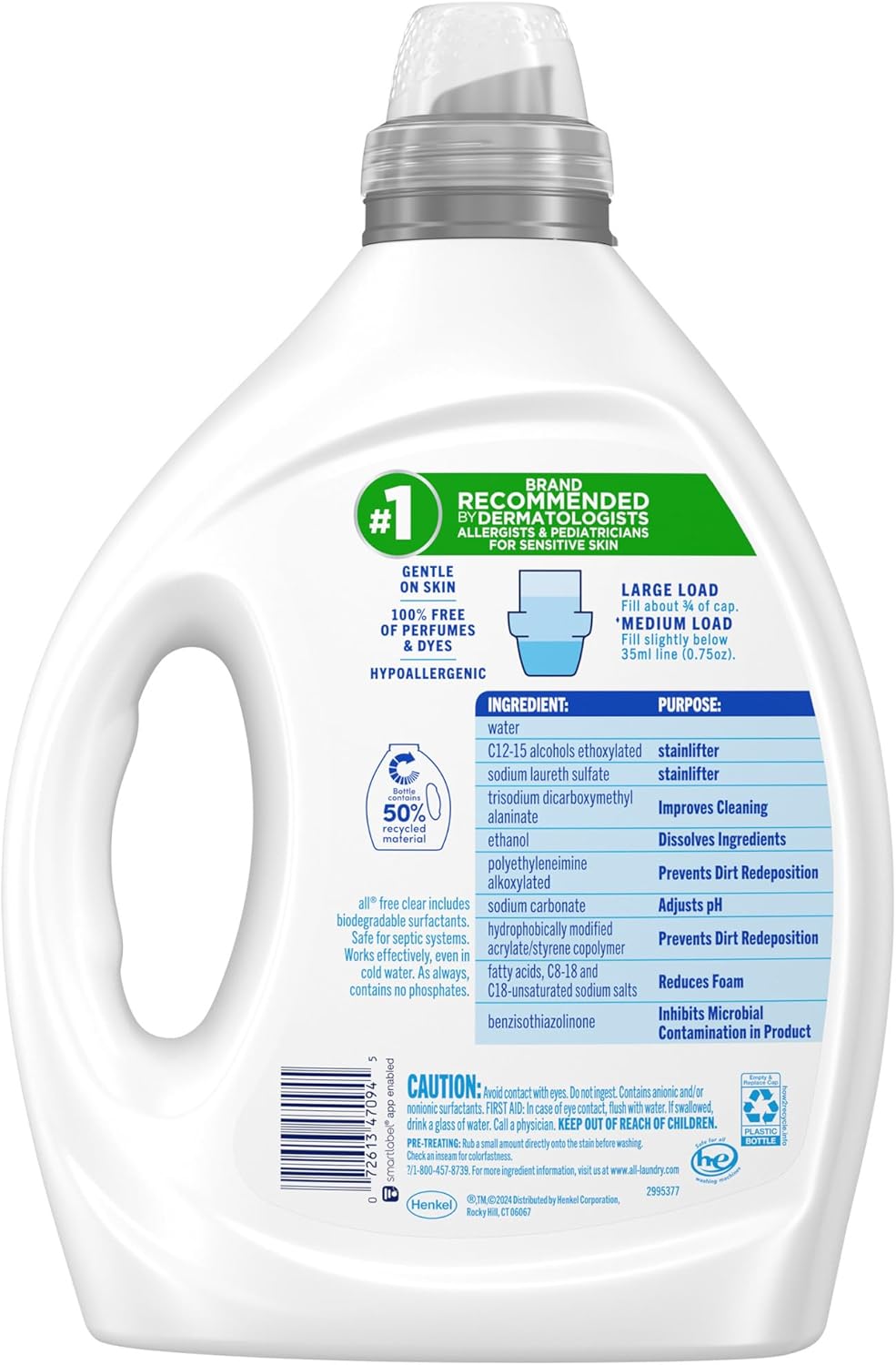 all free clear, Original, Liquid Laundry Detergent for Sensitive Skin, Unscented and Hypoallergenic, Concentrated, 82.5oz, 110 Loads - Image 5