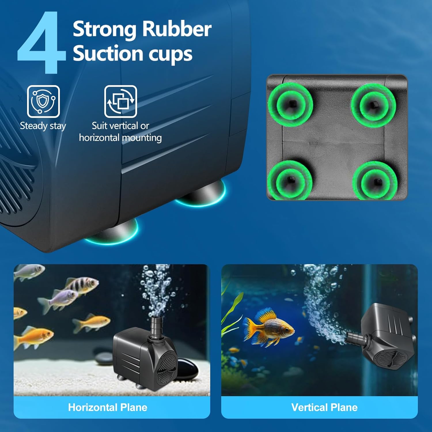 220GPH (800L/H) Submersible Pump 15W, Ultra-Quiet Water Fountain Pump with Adjustable Flow, 5.25ft High Lift & 3.9ft Power Cord, Includes 3 Nozzles for Aquarium, Pond, Hydroponics, Statuary - Image 3
