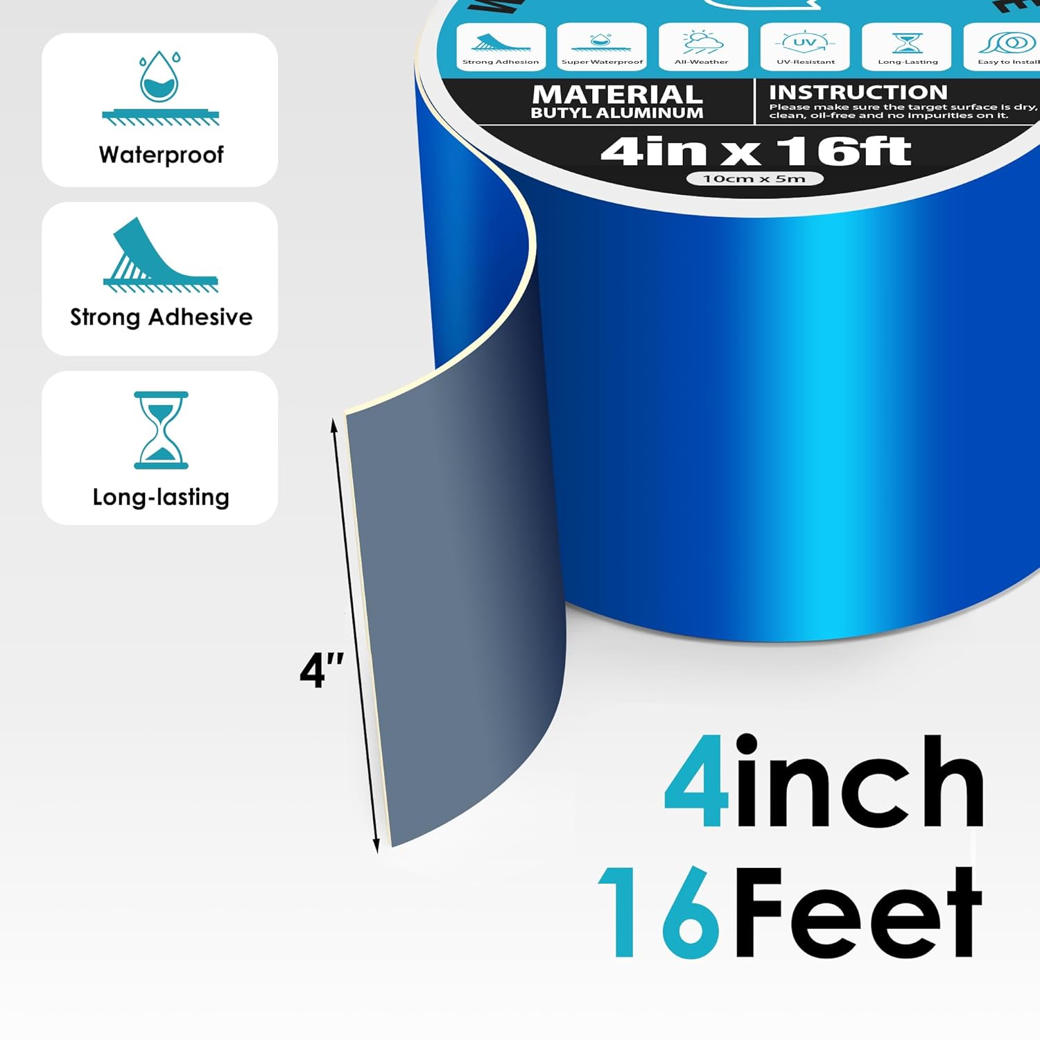 Blue Waterproof Tape for Pools, 4" x 16ft, Heavy Duty Strong Adhesive Pool Cover Tape for Roof Leak Repair, RV Roof, Pipe Sealing, Awning, HVAC, Marine - Image 2