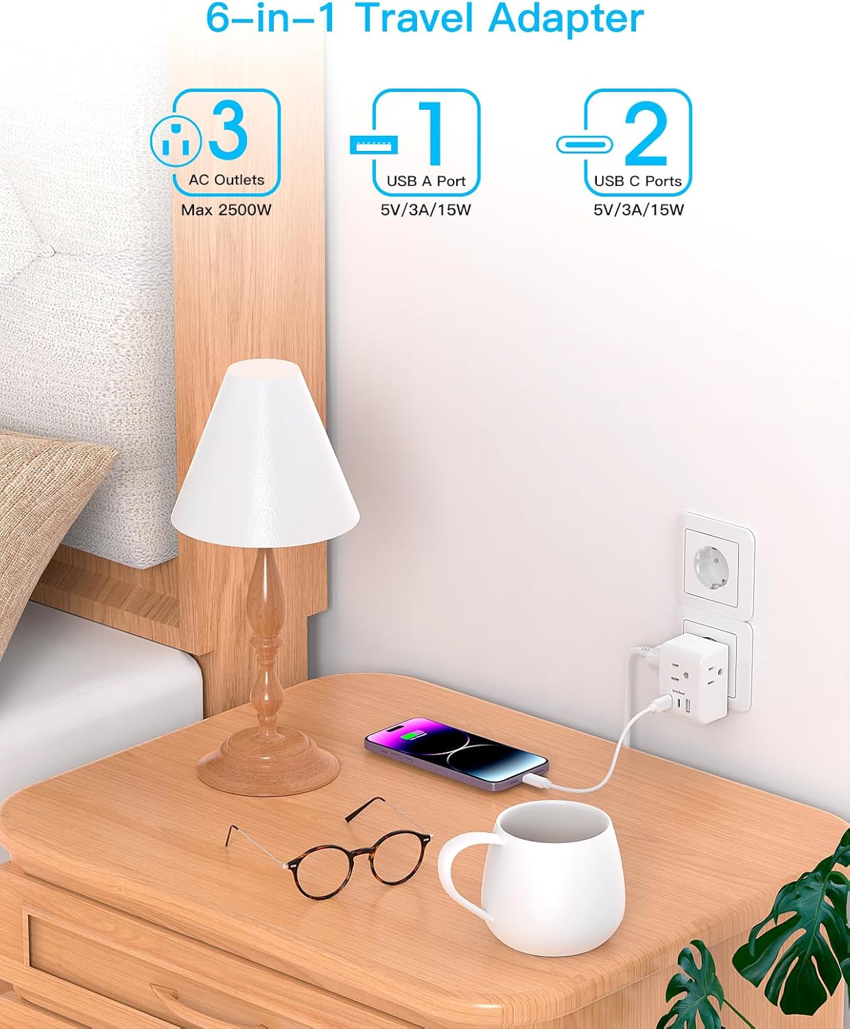 3 Pack European Travel Plug Adapter, One Beat International Power Plug Adapter with 3 Outlets 3 USB Ports(2 USB C), Type C Adapter Travel Essentials for US to Most Europe EU Italy France Germany Spain - Image 3