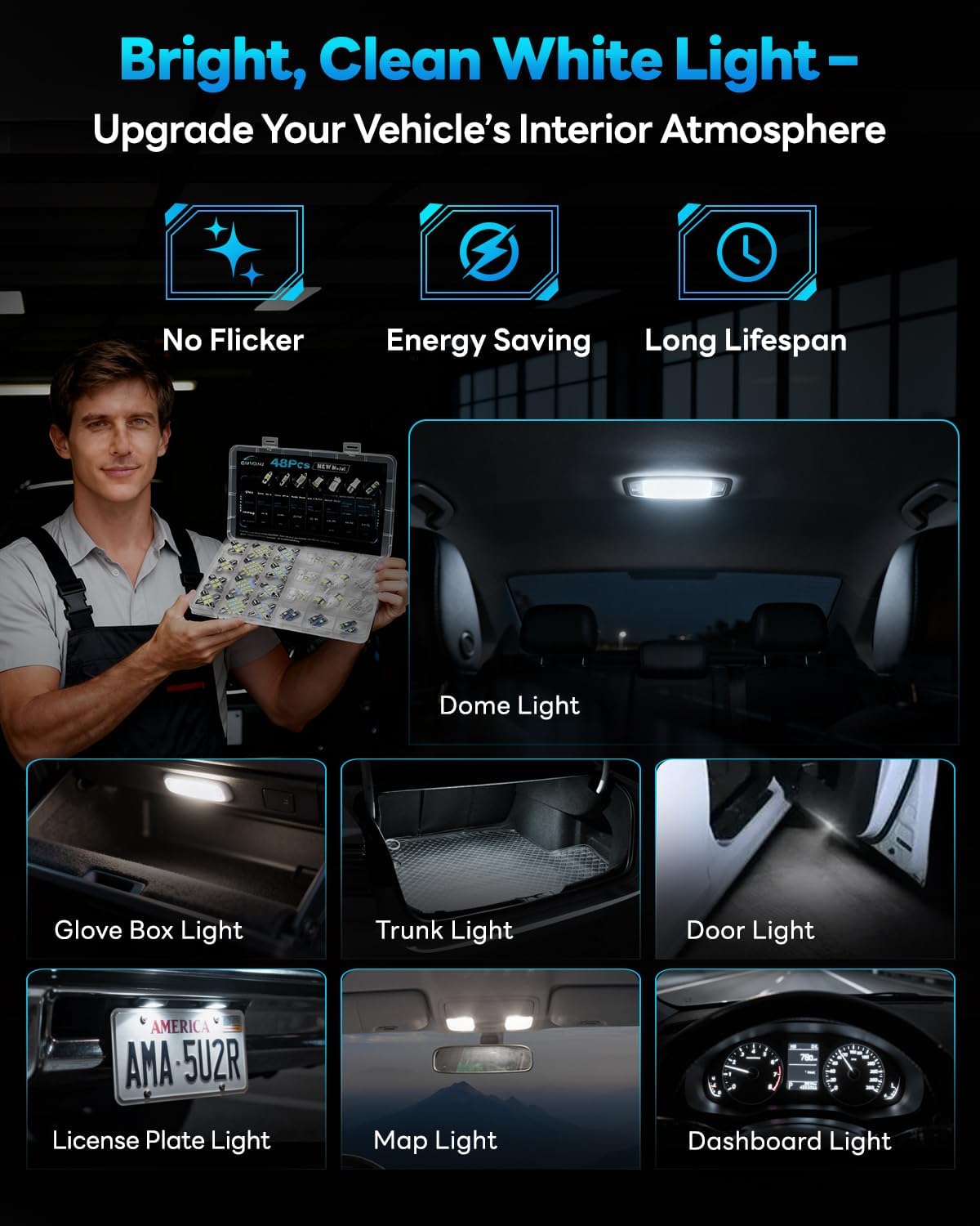 48Pcs Led Interior Car Lights Kit, 6500K White Interior Bulbs Replacement (194 T10 DE3175 W5W 168 578 2825 T5 31mm 36mm 41mm), Dome Map Dash Door Trunk License Plate Lights for Cars Trucks RVs - Image 7