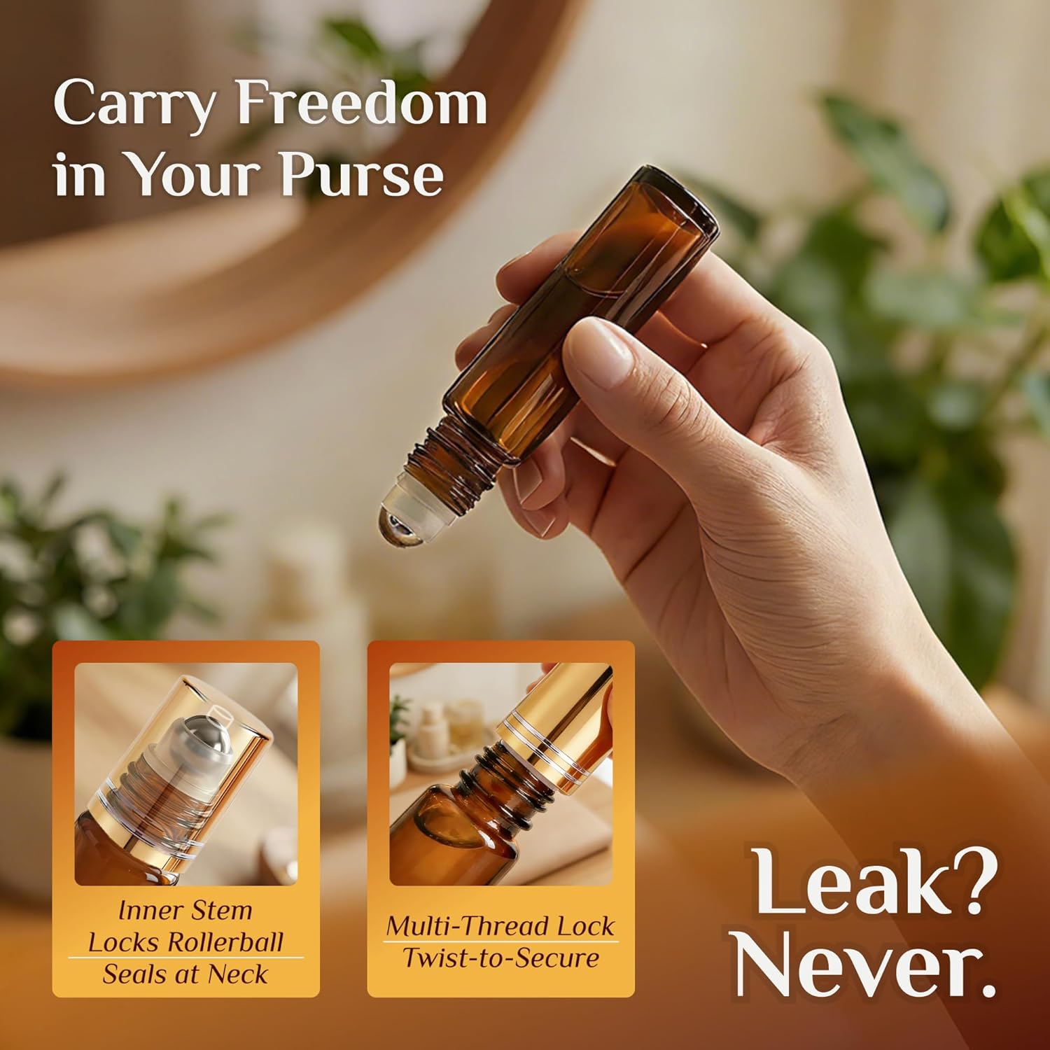 PrettyCare 12 Pack, 10 ml Essential Oil Roller Bottles with Stainless Steel Roller Ball - Refillable Leak-proof Empty Thick Amber Glass Roll on Bottles with Metal Caps for Travel, Perfume - Image 6