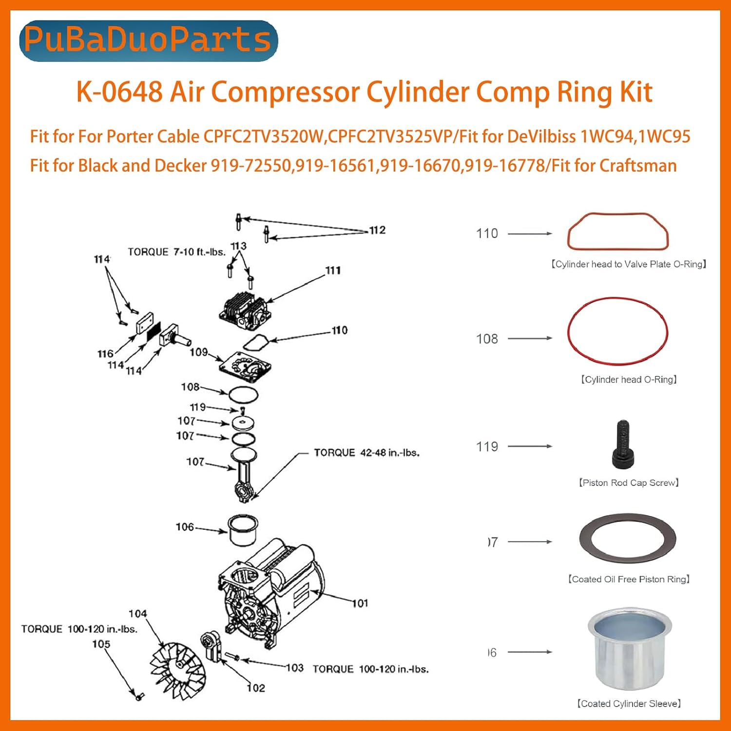 K-0650 Air Compressor Cylinder Sleeve & Compression Ring Kit Compatible with Craftsman, Porter Cable, DeVilbiss Oil-Free Compressor Cylinder, Replaces OEM K-0650, 165080, K-0058, KK-4835(2 sets) - Image 6