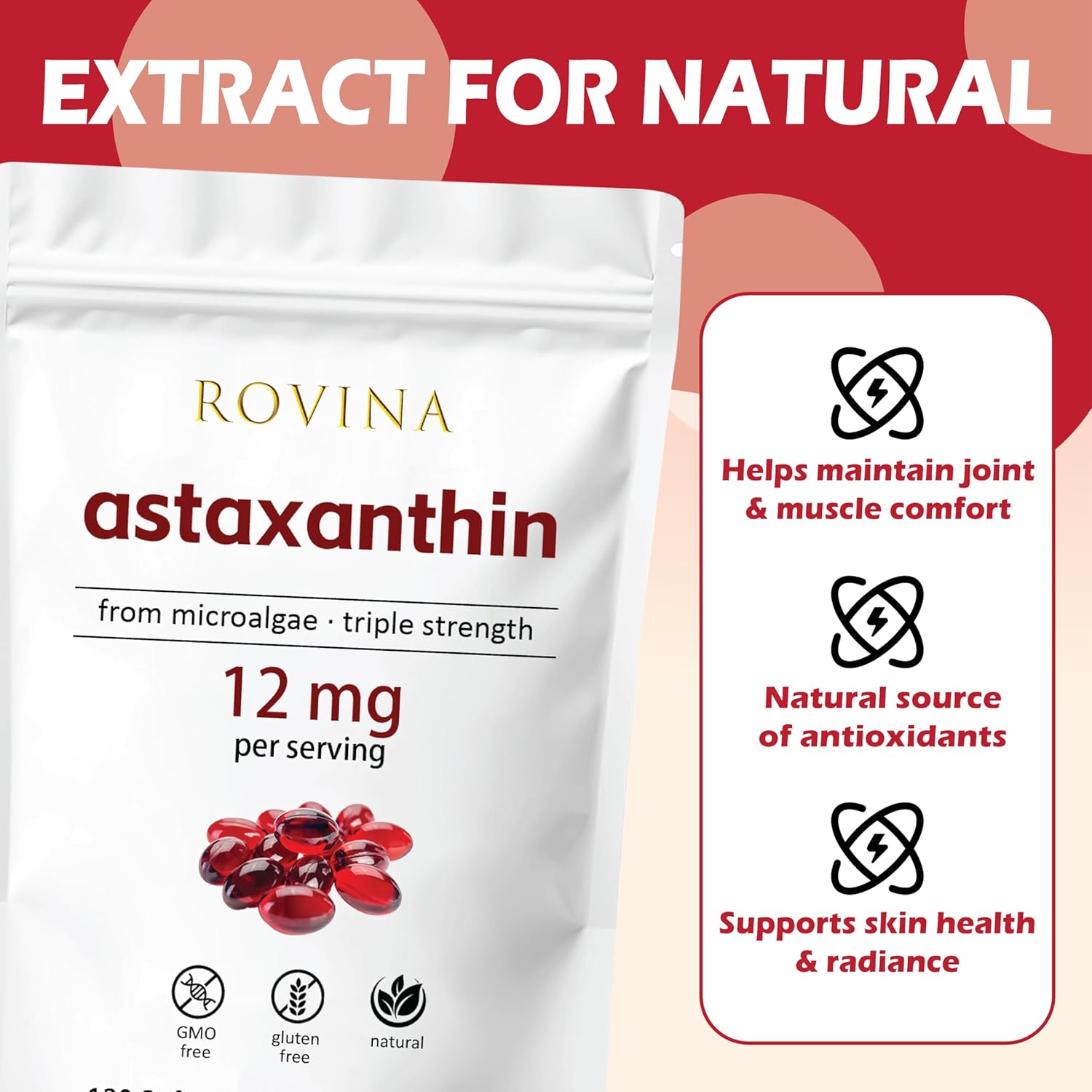 Rovina Astaxanthin 12mg Softgels • Powerful Natural Antioxidant to Support Eye Comfort, Skin Vitality & Immune Health • Gluten Free • 120 Grains - Image 3