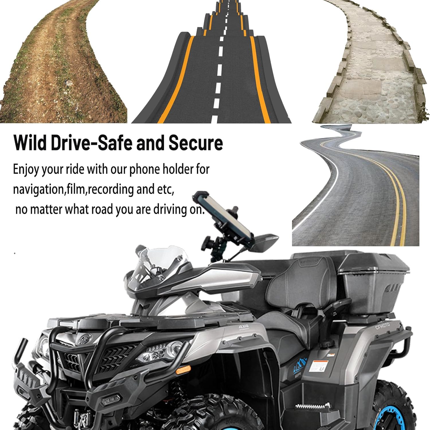 QYMOTO ATV Phone Holder Mount,Motorcycle Handlebar Phone Mount,4 Wheeler Anti Vibration 360 Cell Phone Holder Clamp Fit CFMOTO Cforce,Polaris Sportsman,Can am Outlander Adjustable Fit 4.7"-7.1'' Phone - Image 2