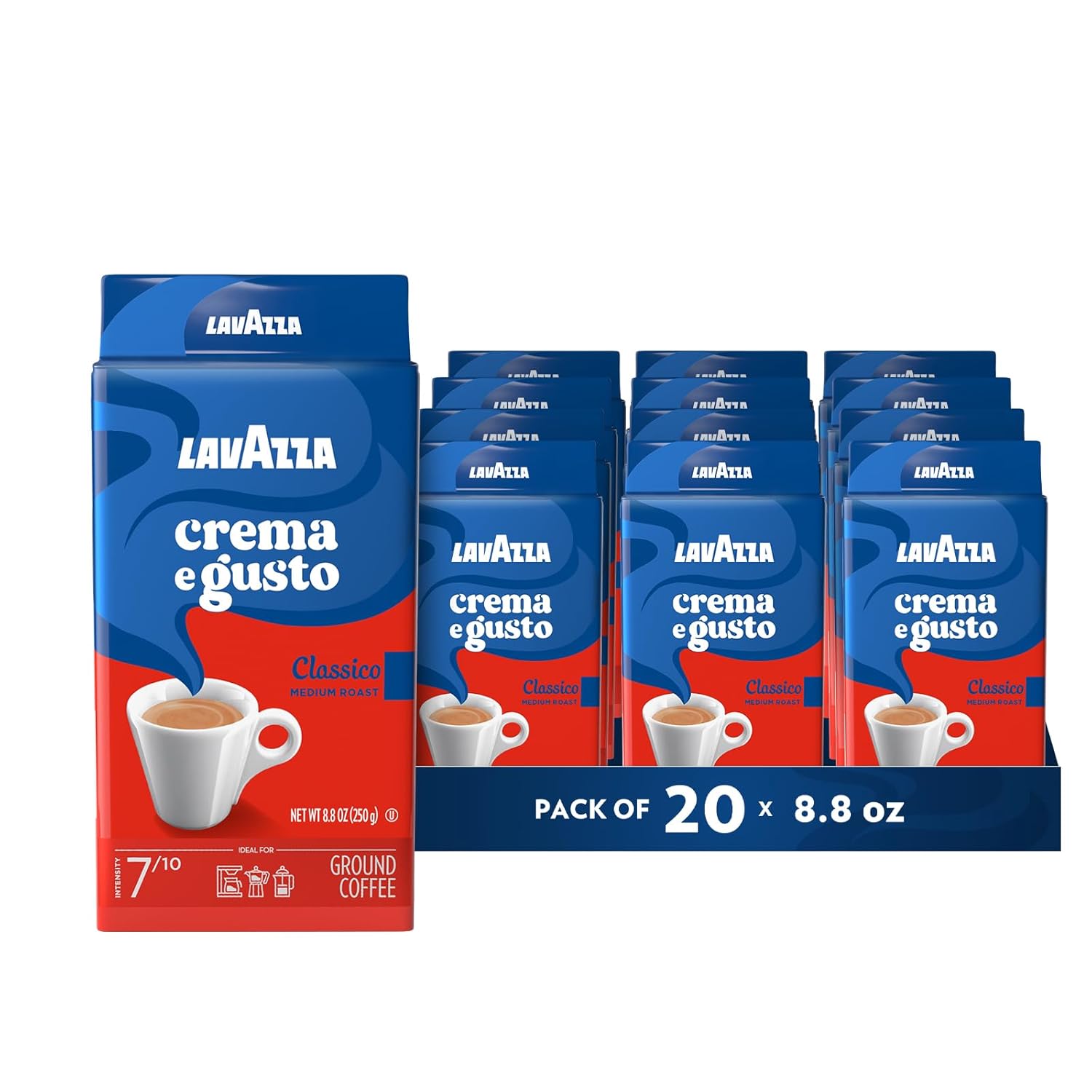 Lavazza Crema e Gusto Ground Coffee, Medium Roast, Arabica and Robusta Blend, 8.8 oz Brick (Pack of 20)