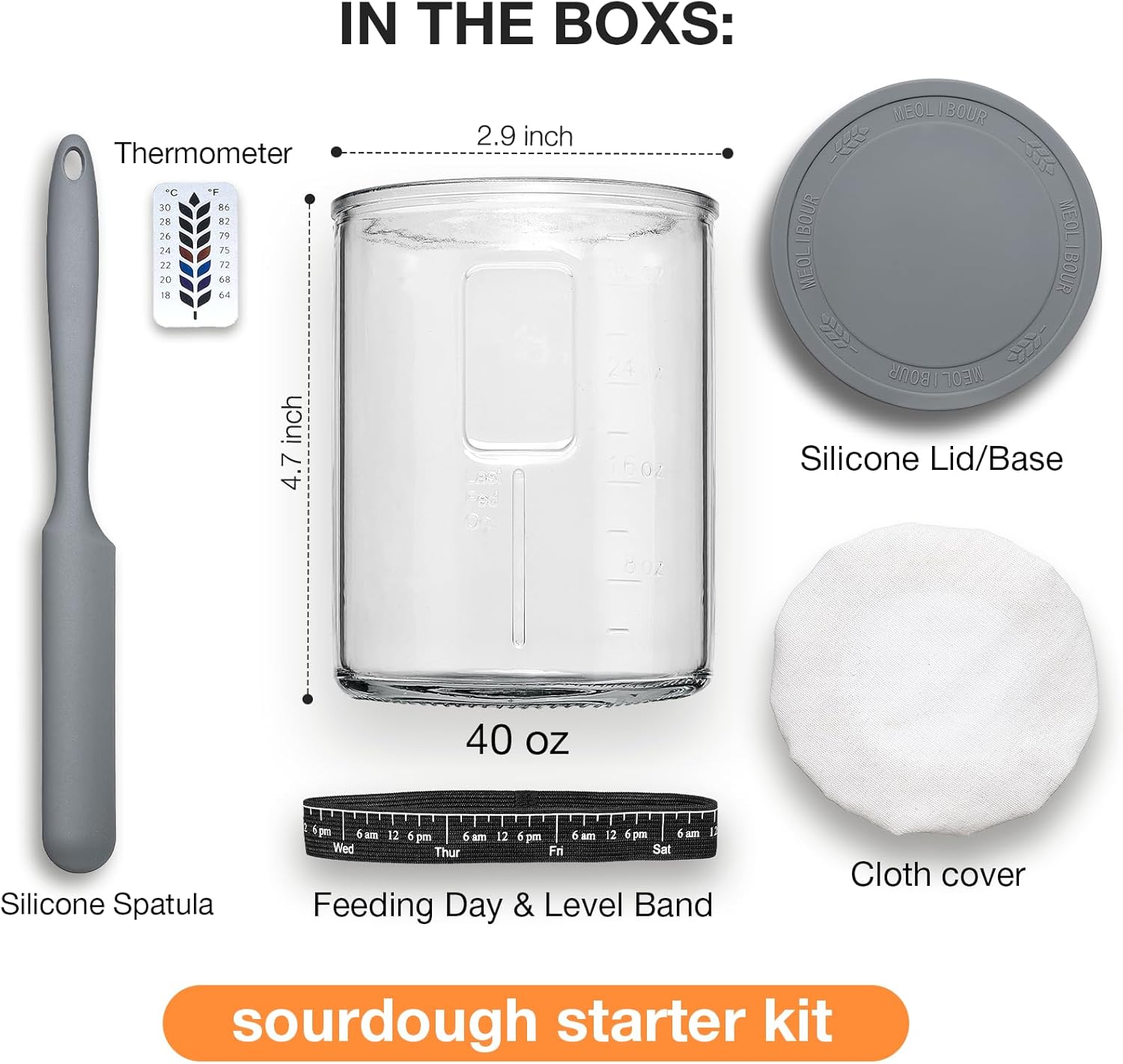 Premium Pro Sourdough Starter Jar Kit - 40oz Large Wide Mouth Sourdough Bread Jar with Marked Feeding Band, Thermometer, Scraper, Cloth Cover and Silicone Lid/Base, Glass Container, Baking Supplies - Image 2