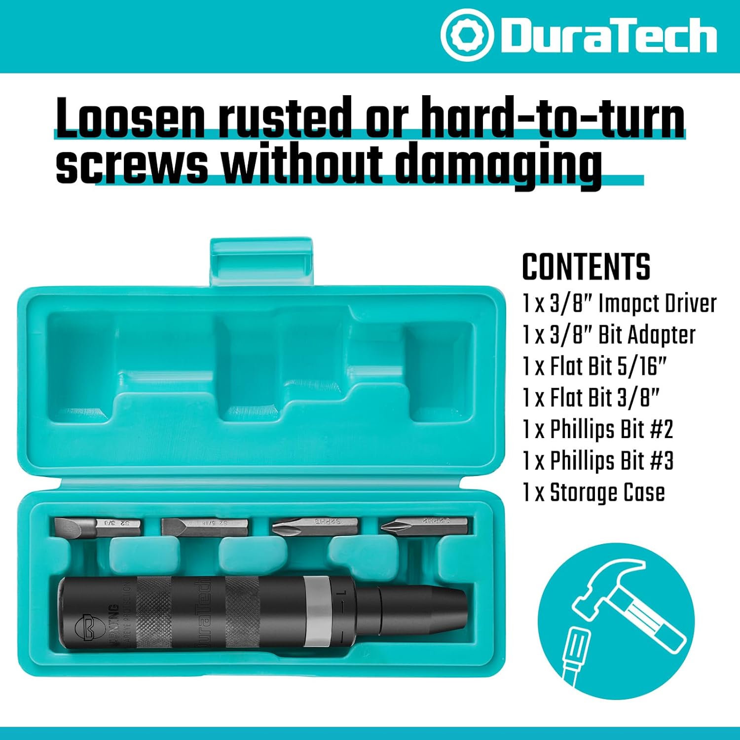 DURATECH 3/8 Inch Drive Manual Impact Driver, Reversible Hand Screwdriver Set, with S2 Steel Bits, 5-Piece, for Tighten/Rusted Fasteners, Organized in Storage Case - Image 2
