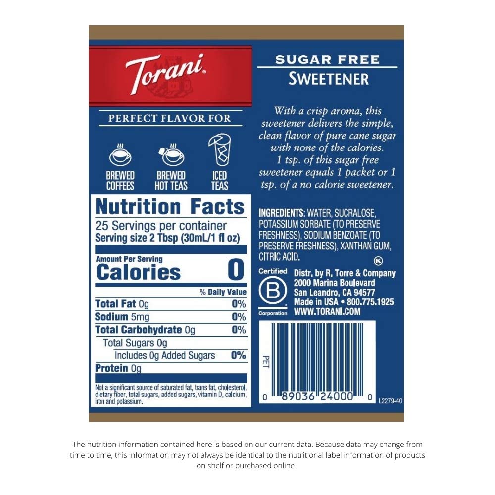 Torani Sugar Free Sweetener Syrup, 25.4 fl oz (Pack of 4) - Image 2