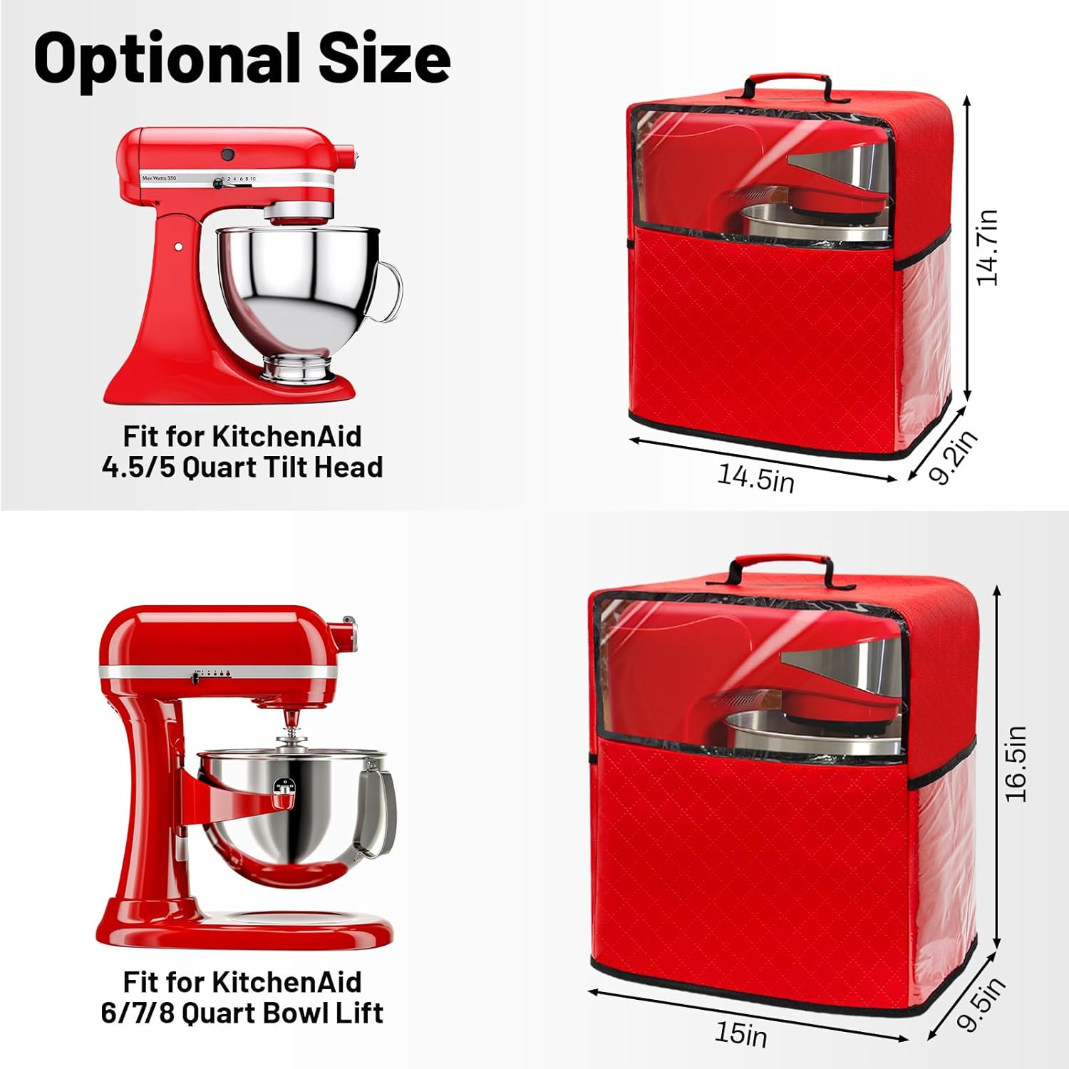 Stand Mixer Cover Compatible with Kitchenaid Mixer, Mixer Dust Cover Multi Pockets for Various Kitchen Appliance Accessories with Silicone Spatula (Red, Fit for 6-8 Quart) - Image 2