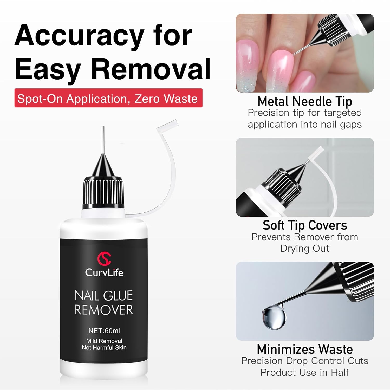Curvlife Pinpoint Nail Glue Remover for Press on, 60ml Nail Remover for Nails Tips, Gentle Glue Remover for Gel x Nails, Non-Acetone Nail Polish Remover - Image 3