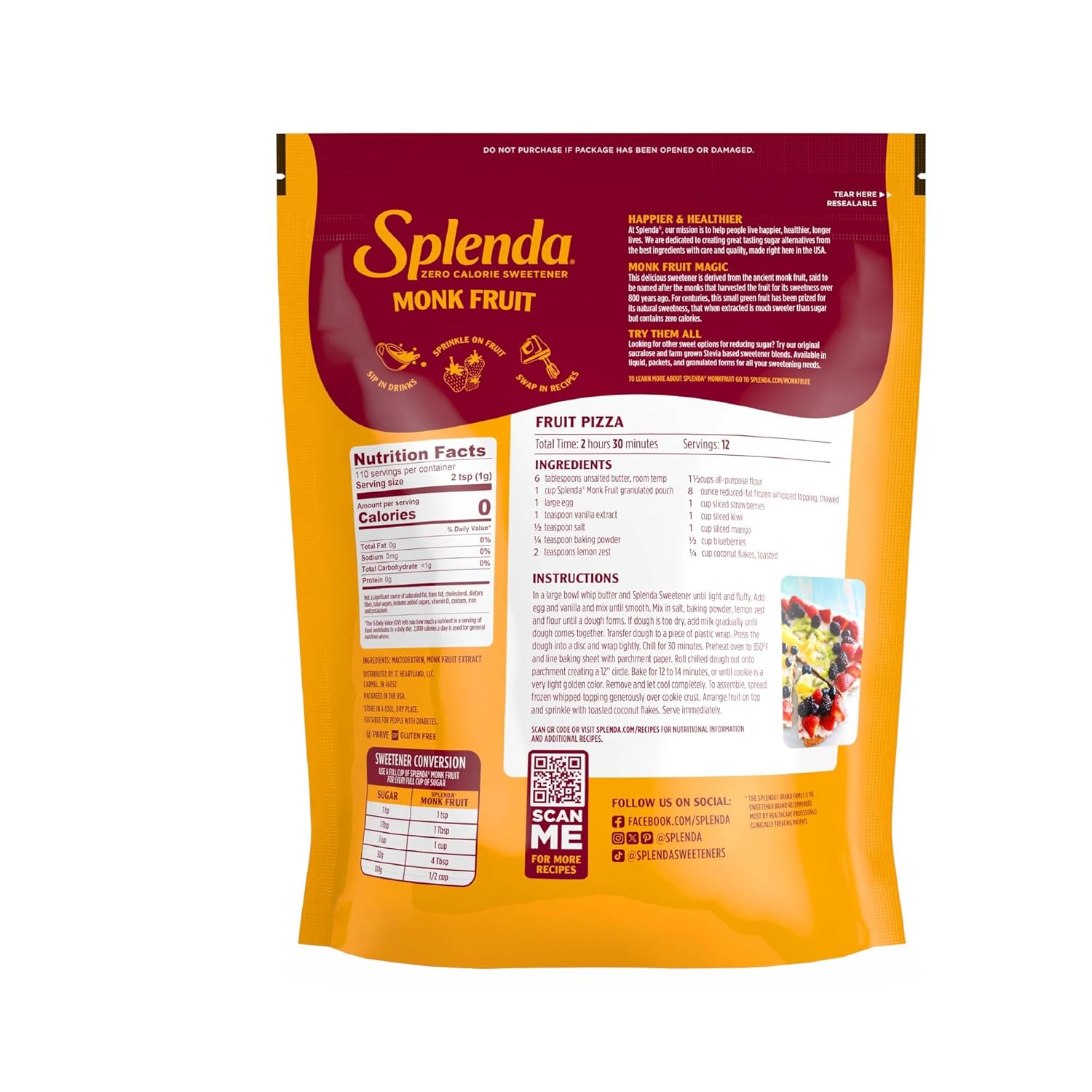 Splenda Monk Fruit Zero Calorie Plant Based Granulated Sweetener, No Erythritol, Sugar Substitute, 3.8 Oz (Pack of 1) - Image 2