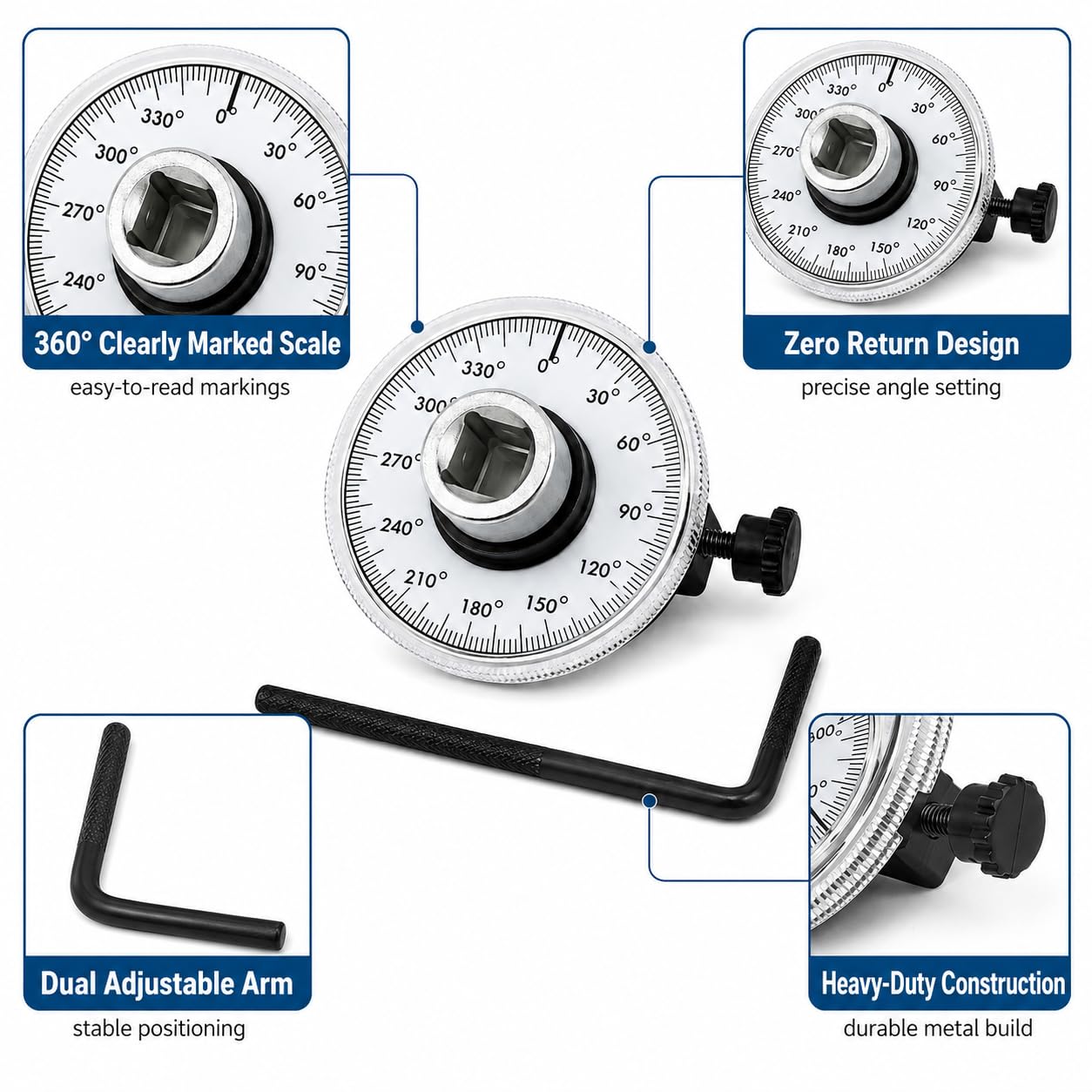 Torque Angle Gauge, 1/2" Drive Mechanical Torque Wrench Adapter with Zero Return & Dual Adjustable Arm, 360° Scale, Heavy Duty Tool for Auto, Trucks & Heavy Equipment Repair - Image 3