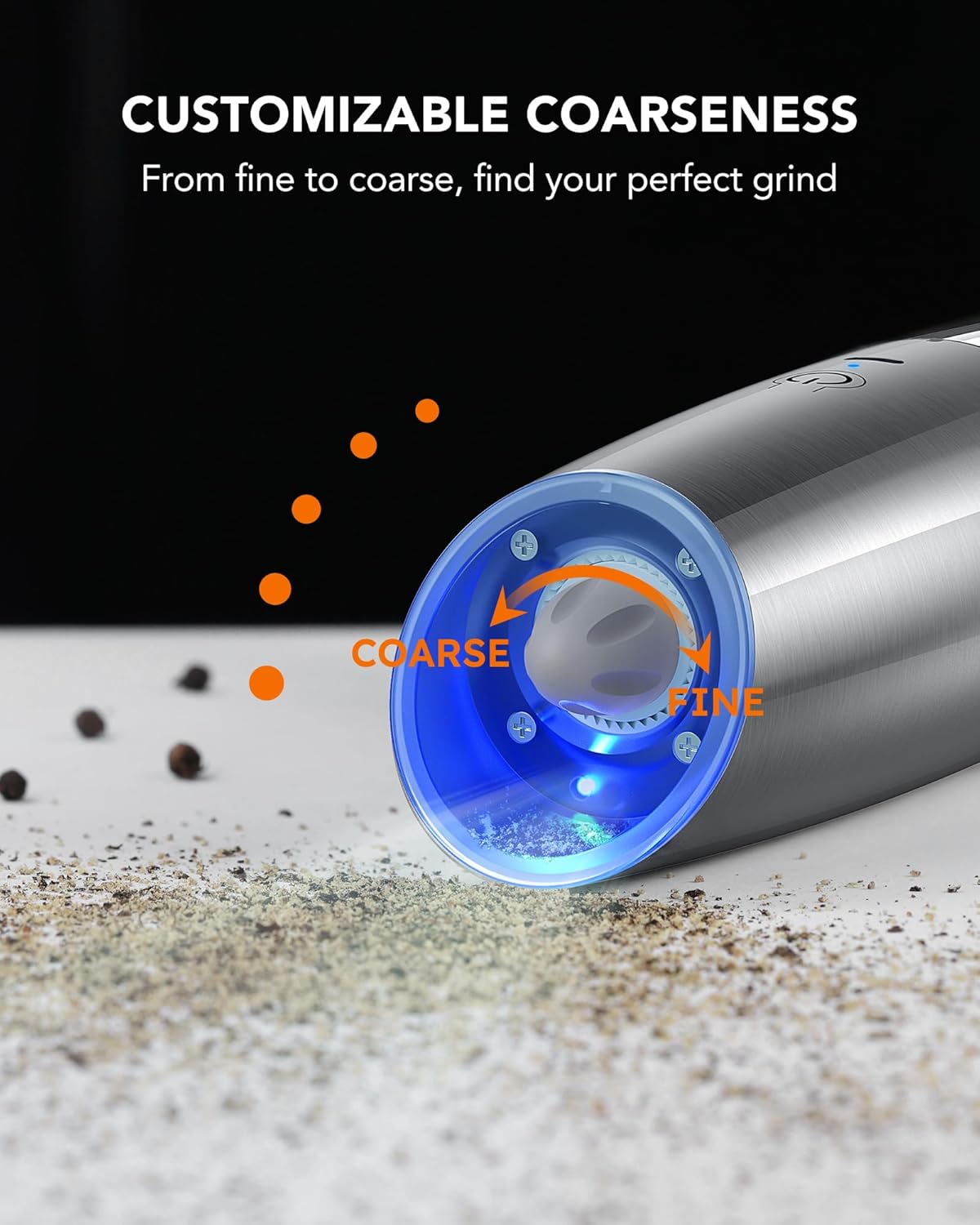 FORLIM Gravity Electric Salt and Pepper Grinder Set, USB Rechargeable 9oz Large Capacity Salt Grinder, Automatic One-Click Grinding One Hand Operated Adjustable Coarseness Pepper Mill(Silver) - Image 7