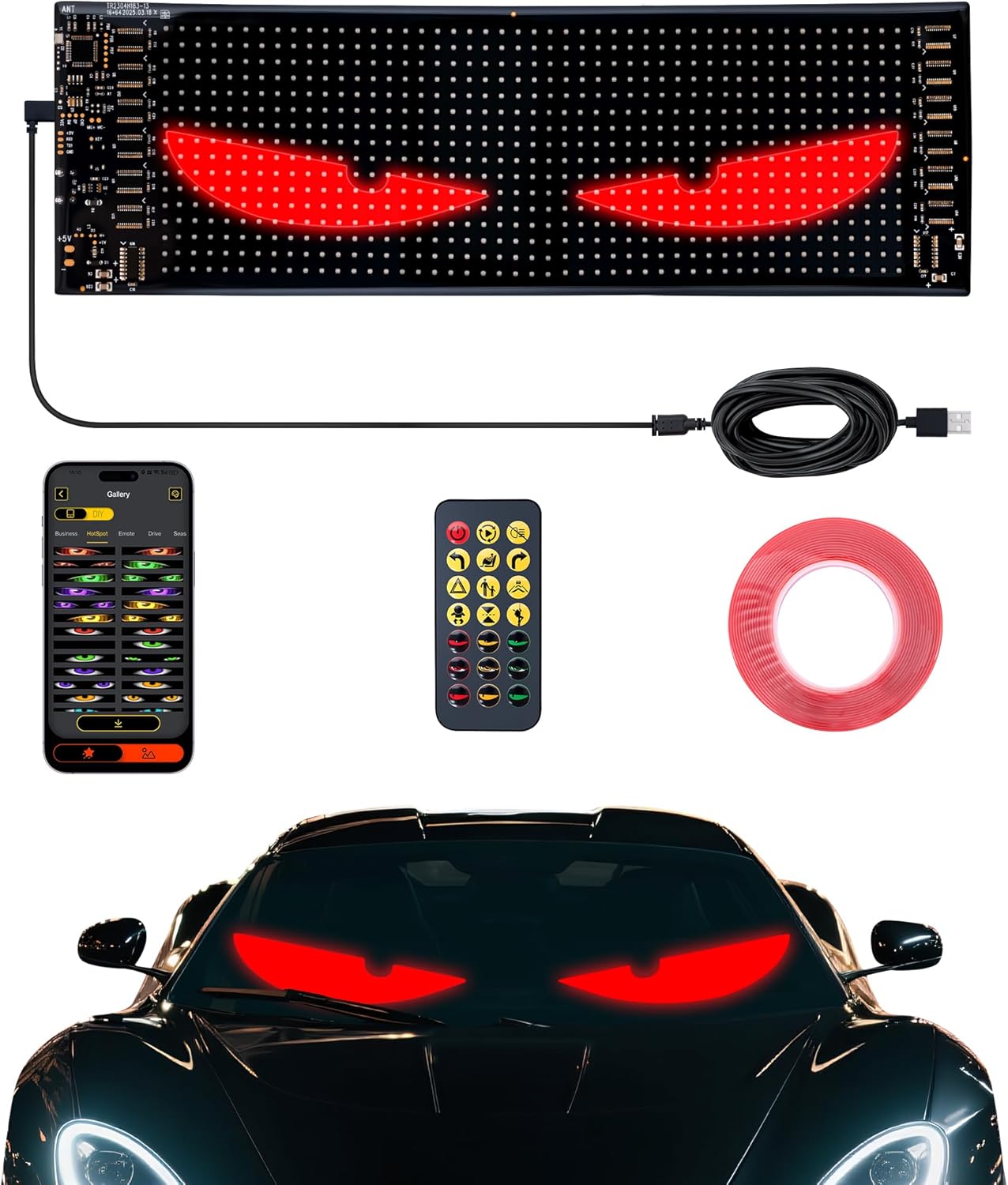 led Eyes for car Windshield-programmable led Sign,Devil Eyes Light for Windshield with Dynamic Patterns, APP/Remote Control, IP68 Waterproof, USB Powered for Cars/Trucks/RVs,1PCS (14.7"x3.6")