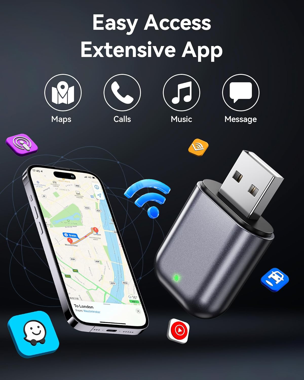Burnt Sugar Wireless Carplay Adapter for iPhone Newly Upgraded, Ultra-Mini USB Design Wired to Wireless for Apple Car Play, Stable Low-Lag GPS Plug & Play for iOS 10+ & Cars from 2016+ (Starry Sky) - Image 4