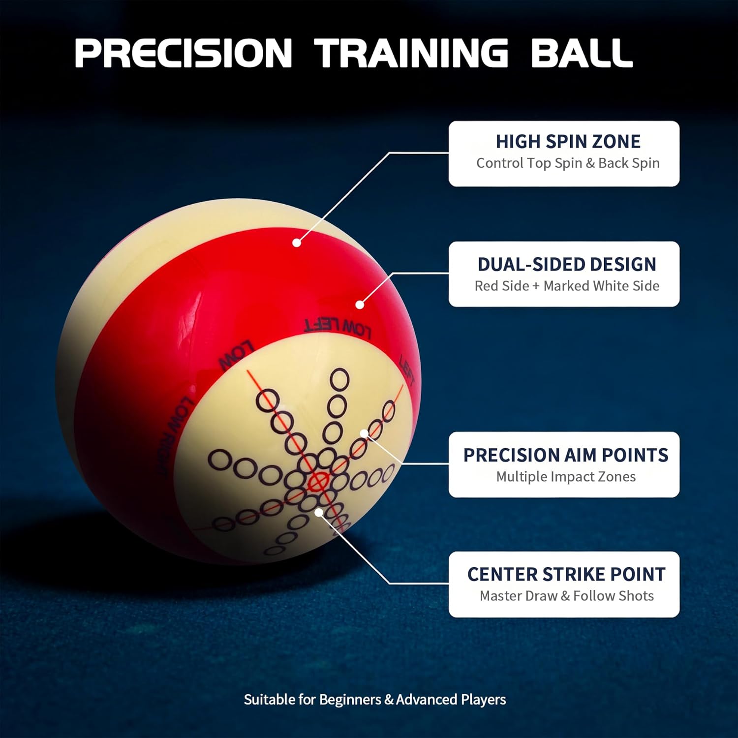 Billiards Pool Cue Ball, 2-1/4"/57.2mm Phenolic Resin Practice Training Aid with Precision Target Markings, Dual-Sided 8-Ball Spin & Angle Training for Beginners & Advanced Players - Image 4