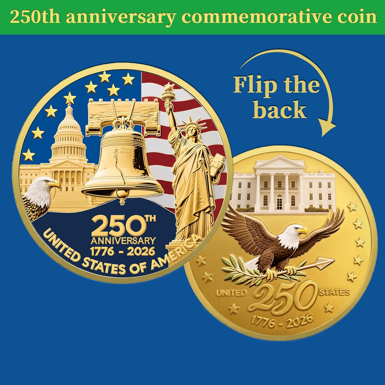 Upgrade 1.77-inch 250th Anniversary Commemorative Coins - Golden American Flag & Liberty Bell Design Collectible Coins, Durable Metal Anniversary Coins for Display, Collectors & Gift Idea (L-1PCS) - Image 5