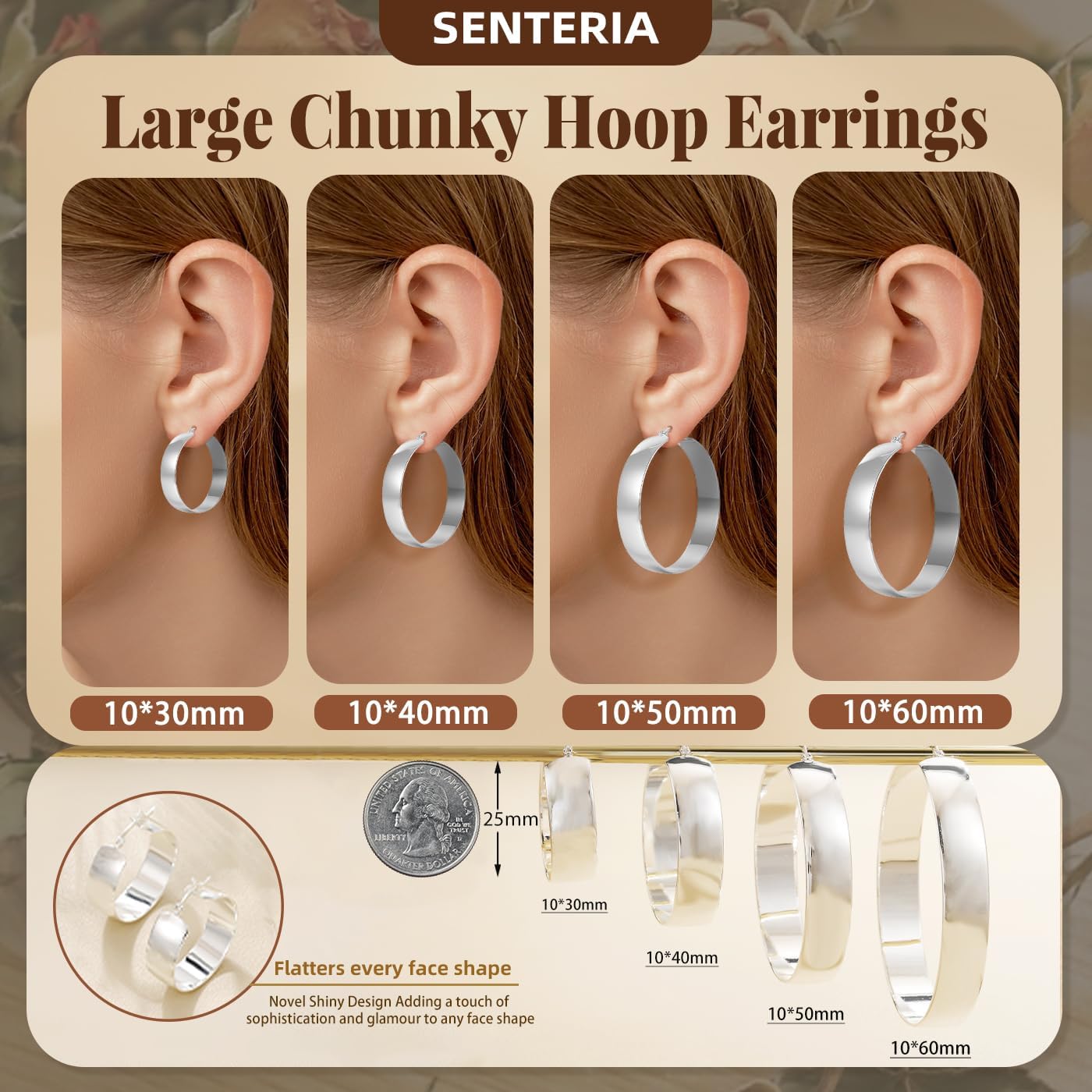 Senteria 925 Sterling Silver Hoop Earrings for Women Hypoallergenic Chunky Silver Hoop Earrings Lightweight Large Thick Silver Hoops Earrings for Women (50mm) - Image 6