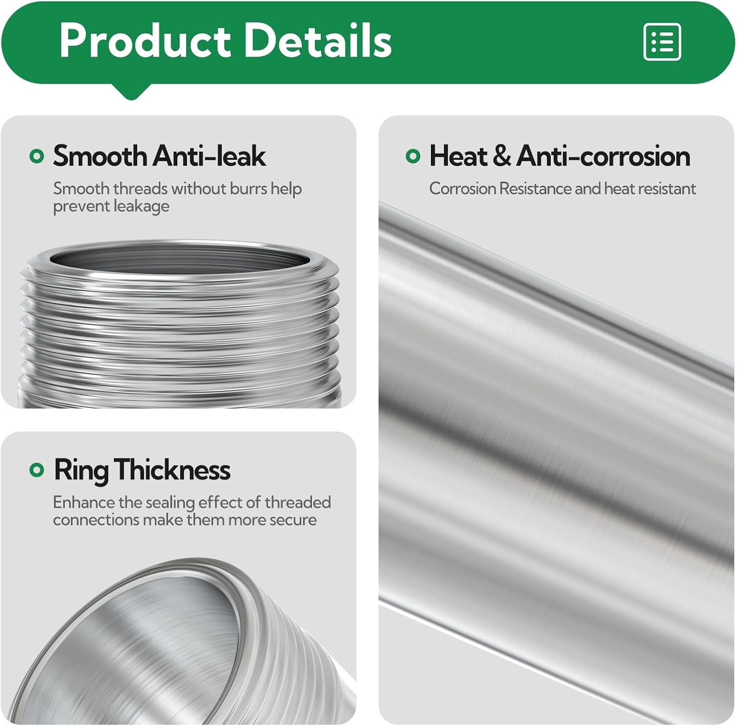 TAISHER 2PCS Stainless Steel Pipe Fittings, 3/8" NPT x 3/8" NPT Male Threaded, 4" Length Nipple Cast Pipe - Image 5