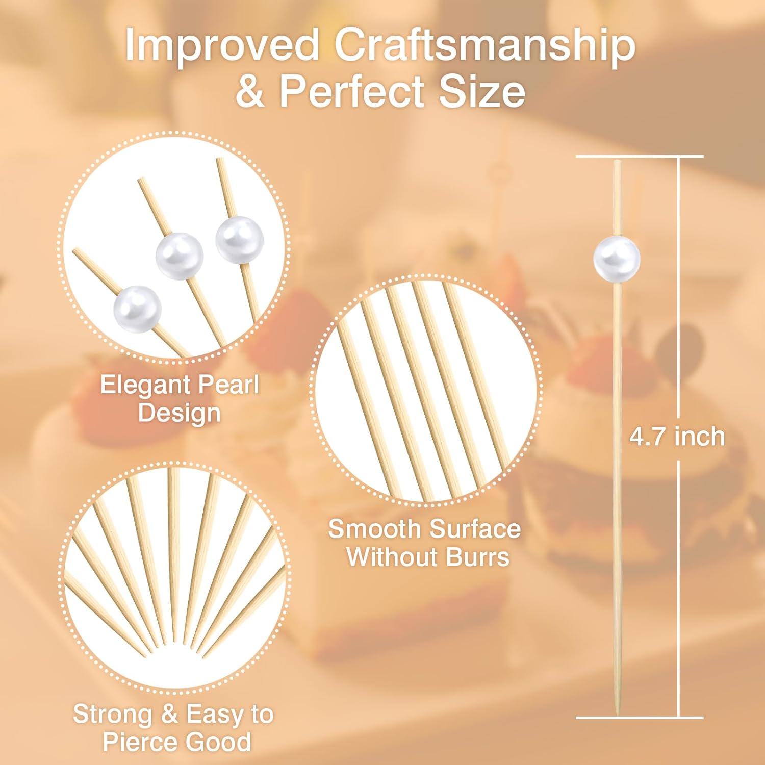 200 Cocktail Picks, White Pearl Fancy Toothpicks for Appetizers Drinks Fruit Food, 4.7 IN Long Bamboo Skewers Wood Cocktail Sticks for Wedding Bridal Shower Party Decor Charcuterie Boards Accessories - Image 3
