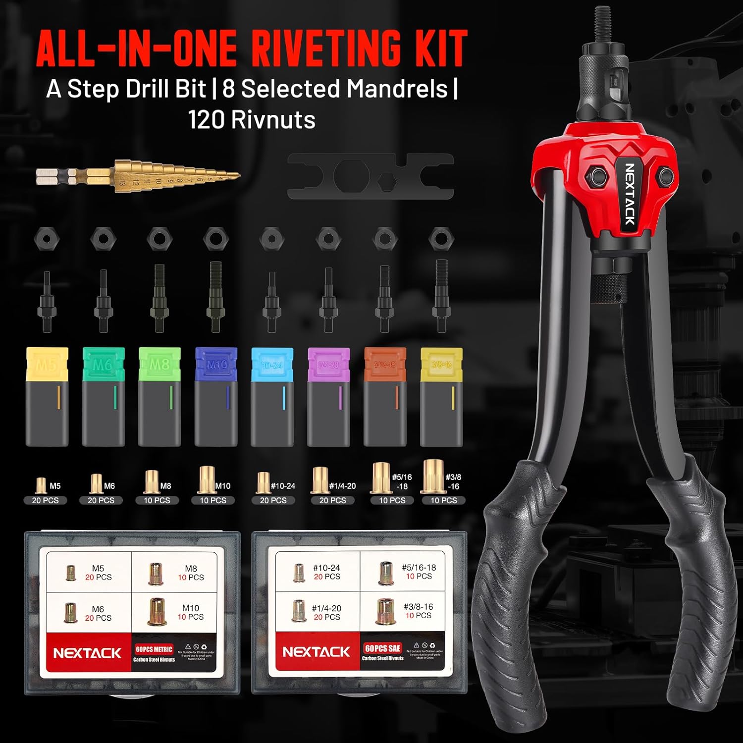 NEXTACK Rivet Nut Tool Kit with a Step Drill Bit, 120 Nutserts, Heavy Duty Rivnut Tool Set with 8 SAE & Metric Mandrels M5 M6 M8 M10 10-24 1/4-20 5/16-18 3/8-16, Organized Rugged Case (NT700) - Image 5