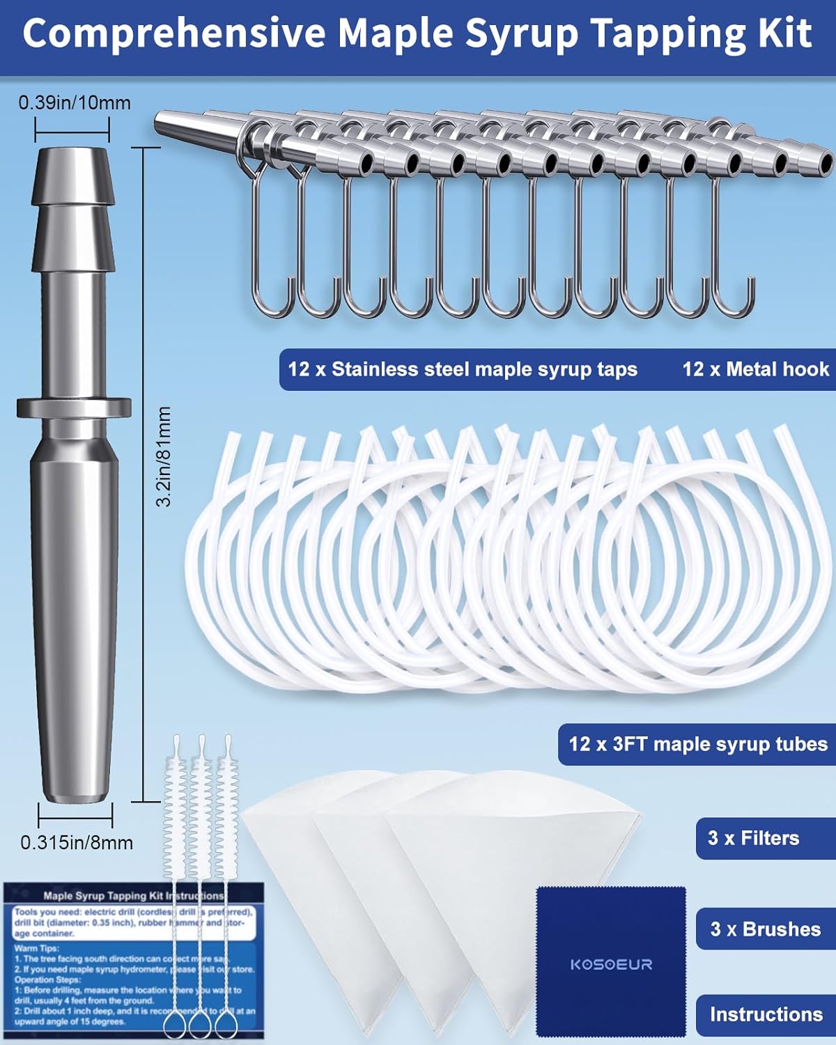 42Pcs Maple Syrup Tapping Kit, Maple Tree Tapping Kit with 12 Metal Maple Syrup Spiles, 12 Maple Syrup Tubes, 12 Hooks, 3 Maple Sap Filters, Tree Tapping Kit for Maple Syrup Making Equipment - Image 2