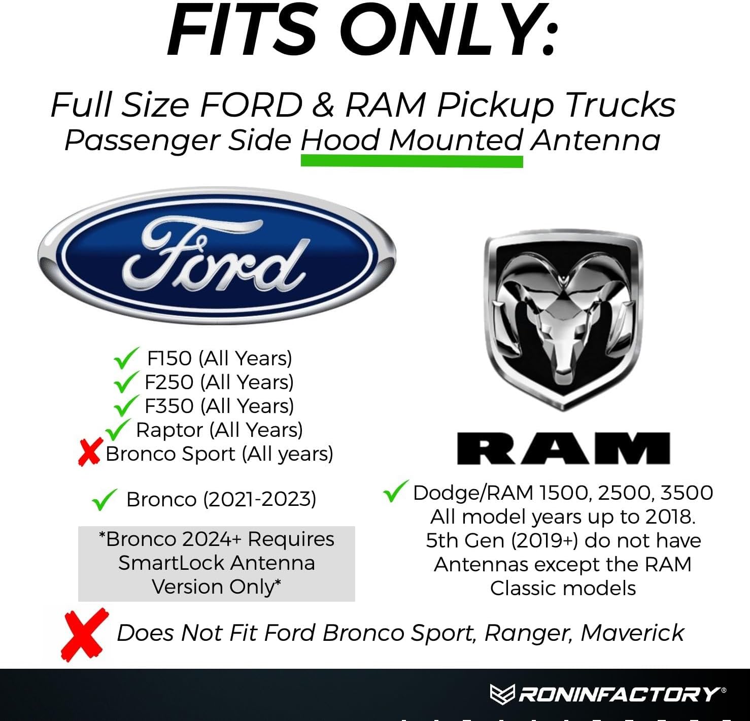 RONIN FACTORY Truck Antenna for Ford F150 F250 F350 Super Duty Raptor Bronco (21-23) Lightning Dodge RAM 1500 Accessories - Anti Theft - Carwash Safe - Short Antenna F150 (4 Inch) - Image 2